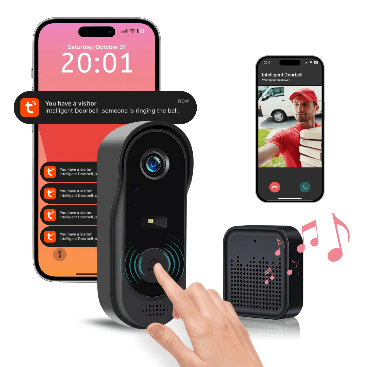Intelligens video csengő, vezeték nélküli, IP65, kétirányú kommunikáció, távirányító a Tuya Smart APP segítségével, beltéri csengő, 125°, éjszakai látás, easyCTRL®