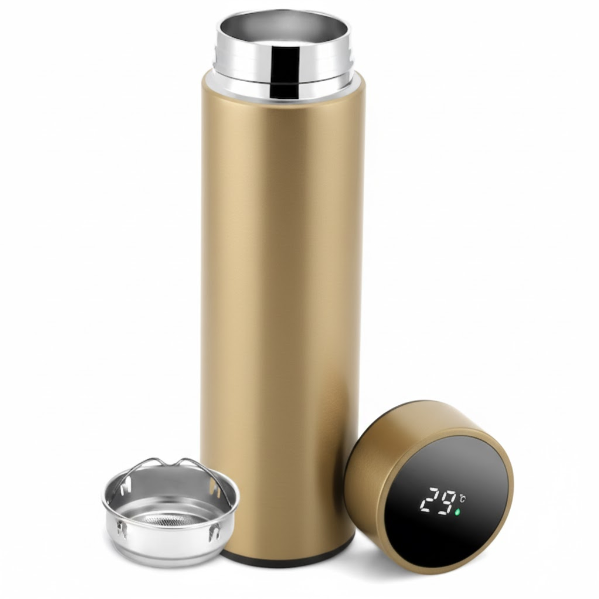 Termos Inteligent cu Afisaj LED Temperatura, Senzor Touchscreen, Infuzor de ceai, 500ml, Otel Inoxidabil, Auriu, easyCTRL®