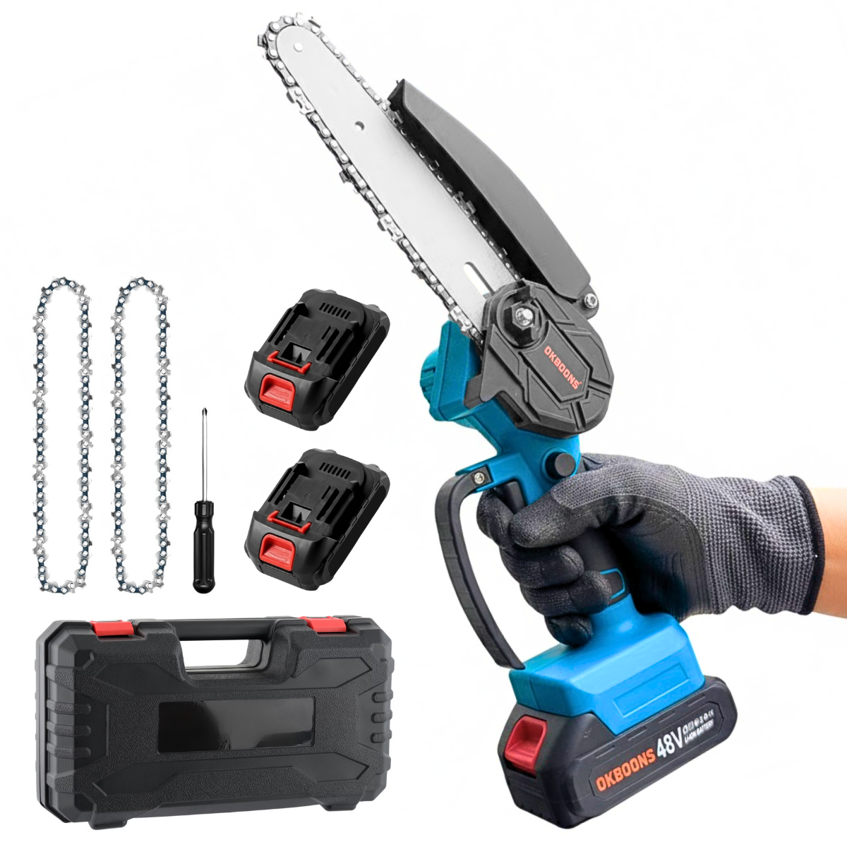 Mini Drujba Electrica Portabila, Fierastrau, 2 Acumulatori, 2 Lanturi, Buton de siguranta, Aparatoare mobila