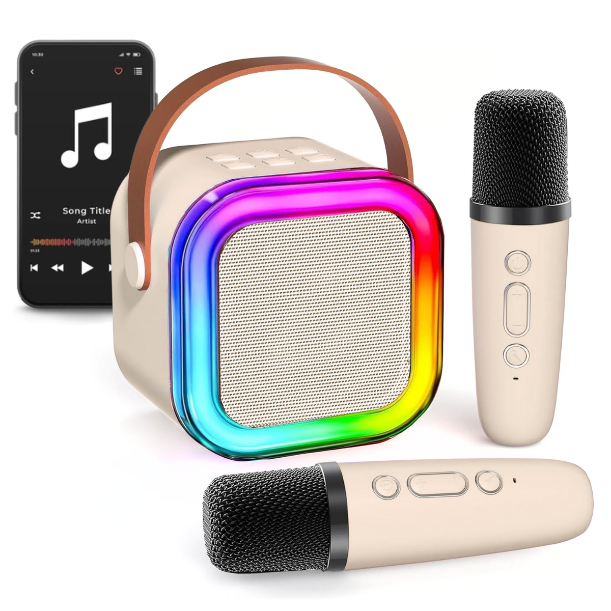 Set Karaoke cu Boxa Bluetooth si 2 Microfoane Wireless, Lumini LED RGB Dinamice, Incarcare Type-C, Port AUX, Slot Card TF, Crem, easyCTRL®