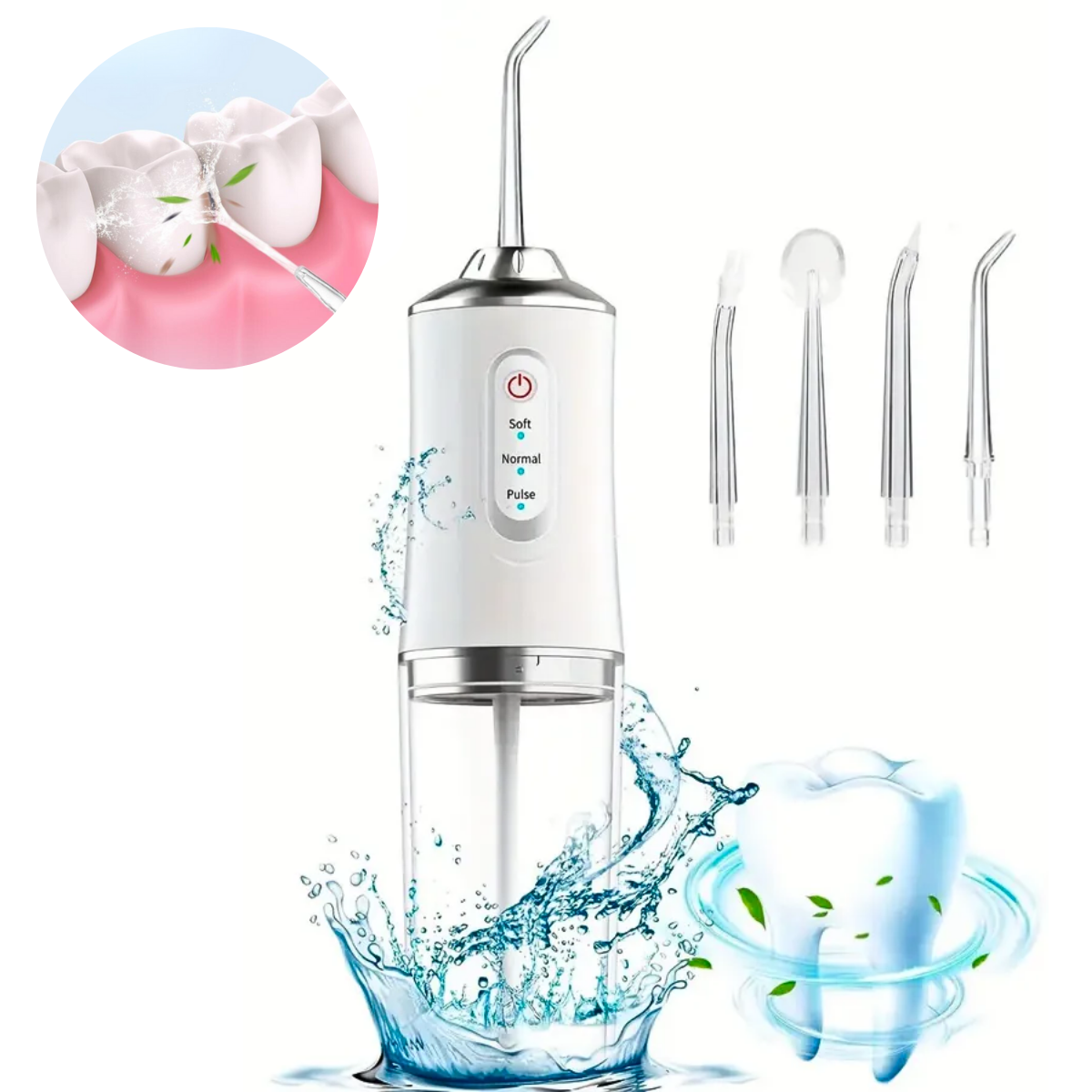 Irigator Oral Profesional, Dus Bucal Portabil, 4 Capete, 3 Moduri de Curatare, Rezervor 230ml, Alb