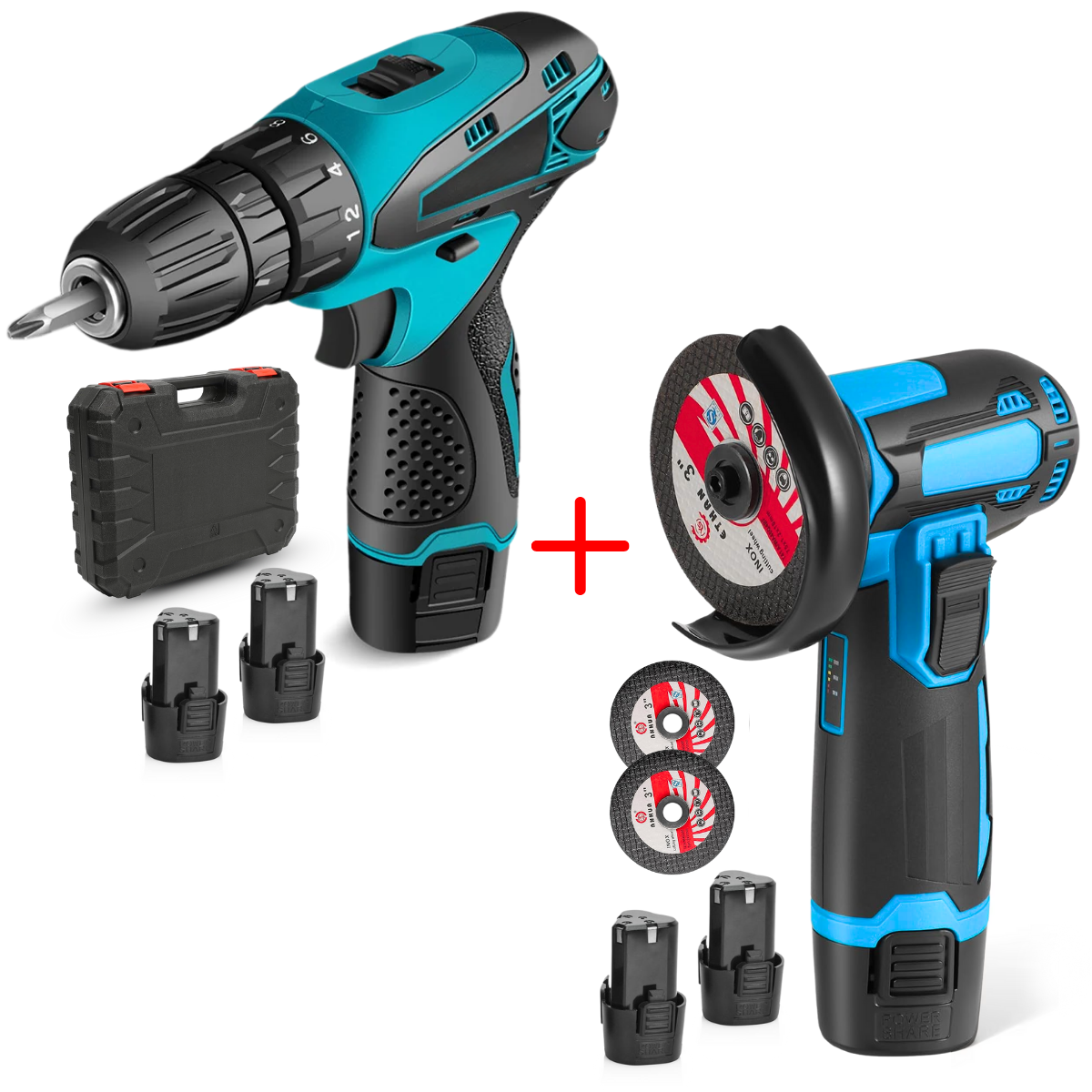 Set Masina de Gaurit si Insurubat + Flex/Polizor cu Baterie, 2 discuri 76mm, 4 Acumulatori, Cutie cu 25 accesorii