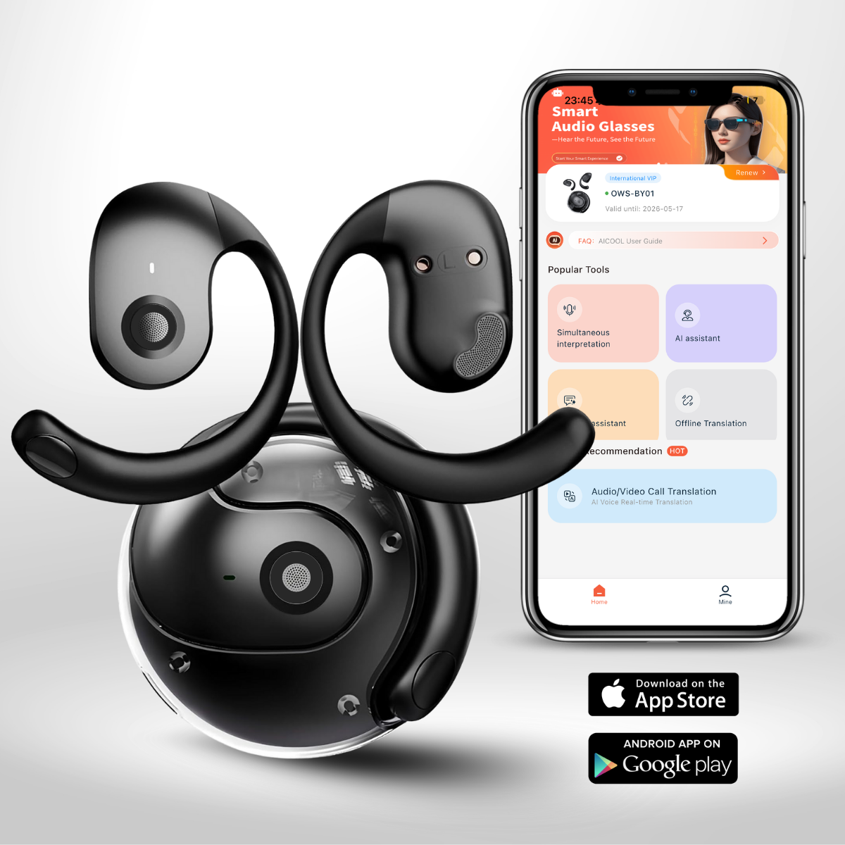 Casti cu Traducator pentru Conversatii in timp real, Open-Ear, 139 Limbi, Bluetooth 5.4, Control tactil, Carcasa de incarcare, Negru, T2, easyCTRL®