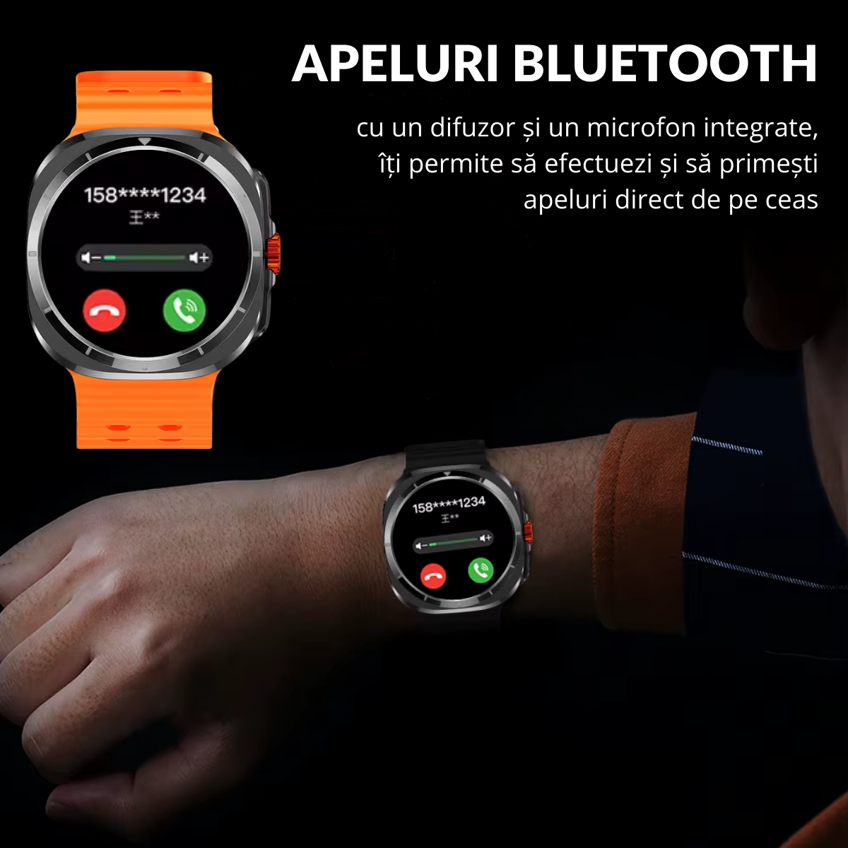 Ceas smartwatch de barbati, Ecran Tactil LCD 1.52", Apel Bluetooth, Multi Sport, Monitorizare Sanatate, Portocaliu, easyCTRL®