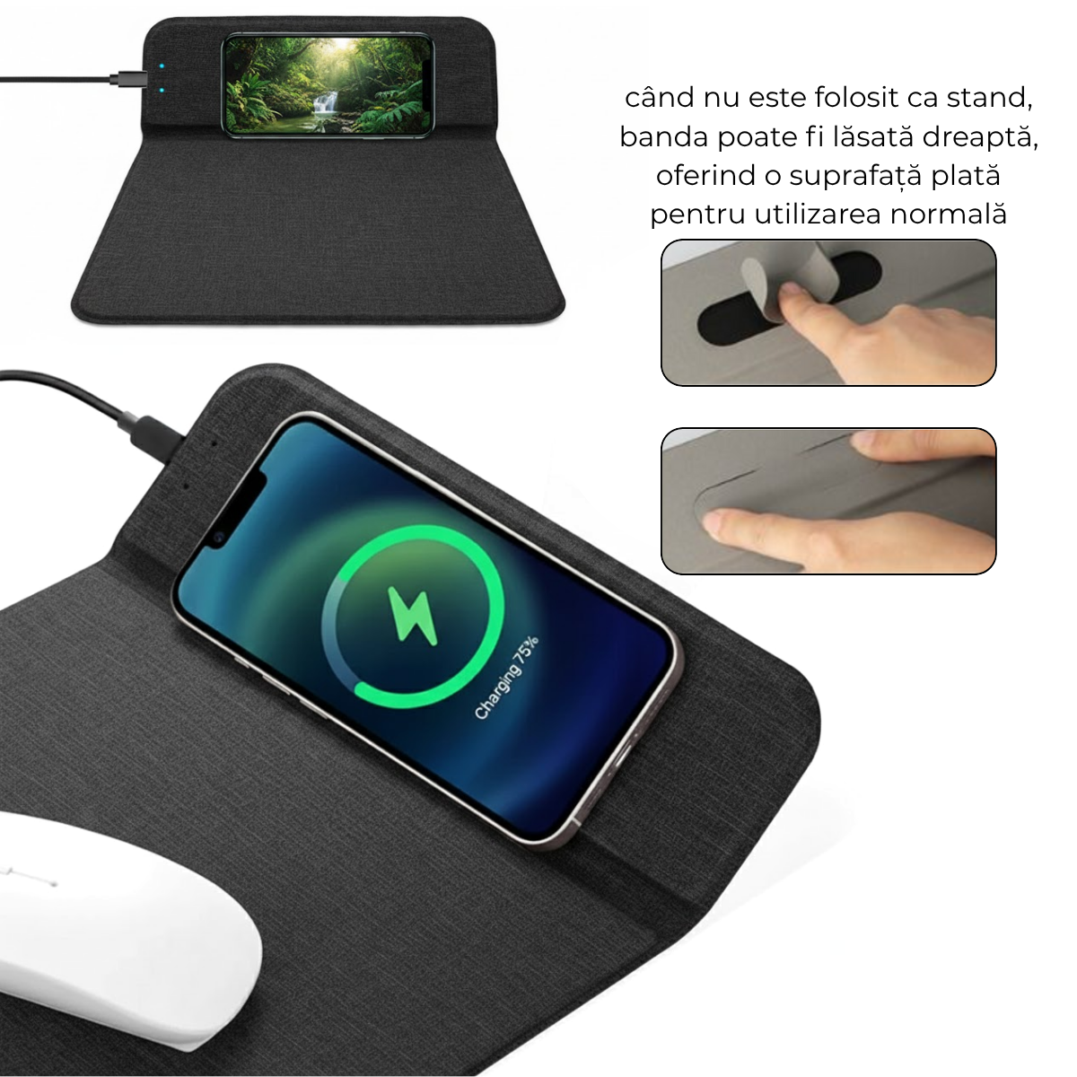 Mousepad cu Incarcator Wireless Pliabil, 2 in 1, 15W, Magsafe, Compatibil iPhone, Samsung, Huawei, Xiaomi, USB-C, Negru