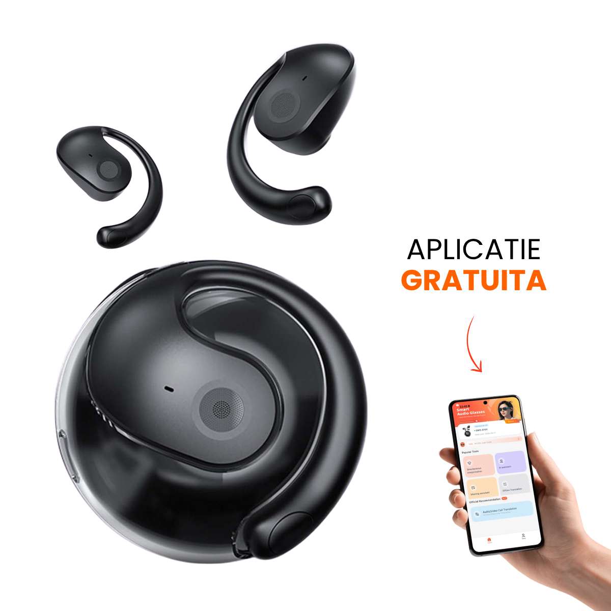 Casti cu Traducator pentru Conversatii in timp real, 150 Limbi Straine, Dialecte, Bluetooth 5.4, Control tactil, easyCTRL®