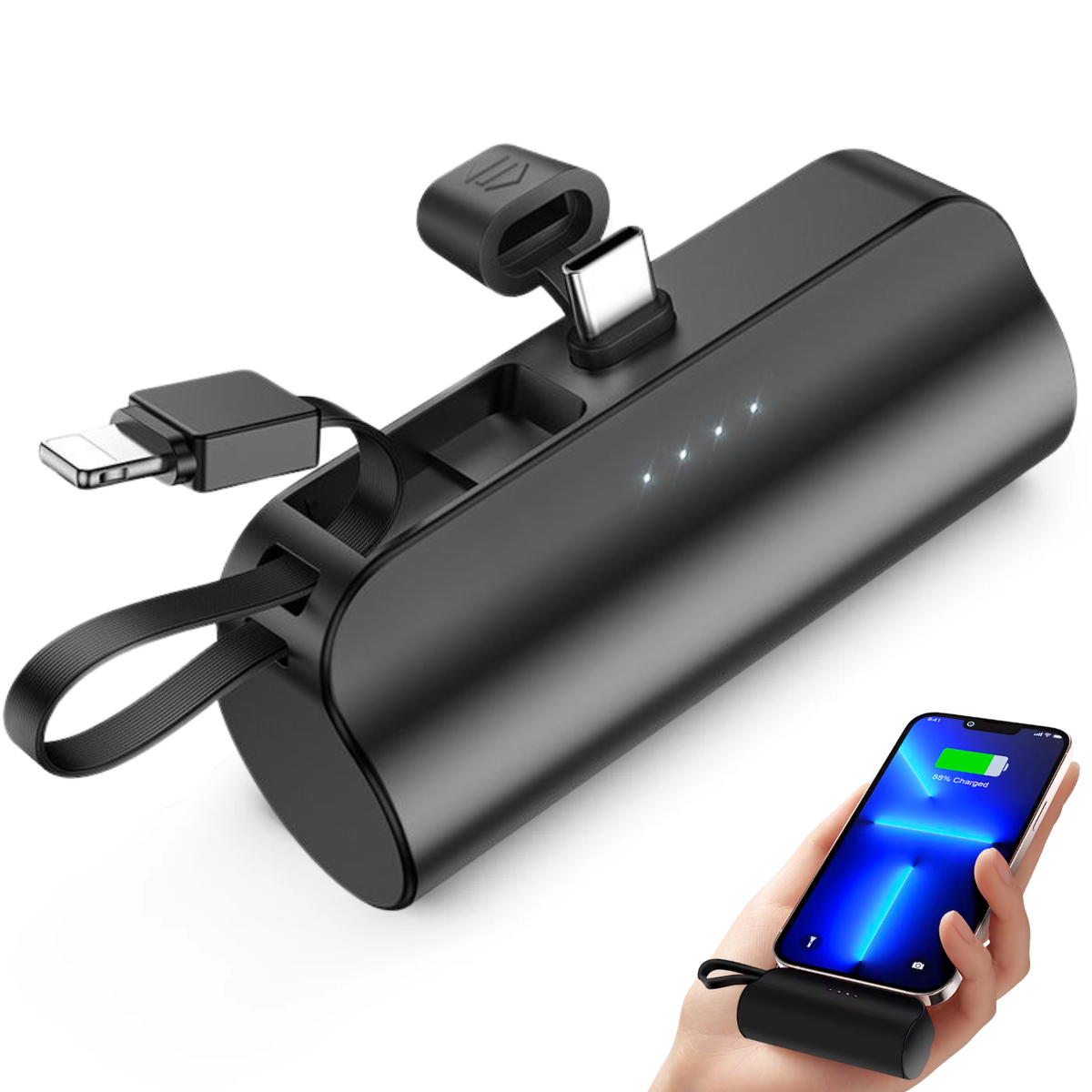 Mini Baterie Externa Portabila 2 in 1, 5000mAh, Conector USB-C si Cablu Lightning, Universala, Suport pliabil, V10, Negru, easyCTRL®