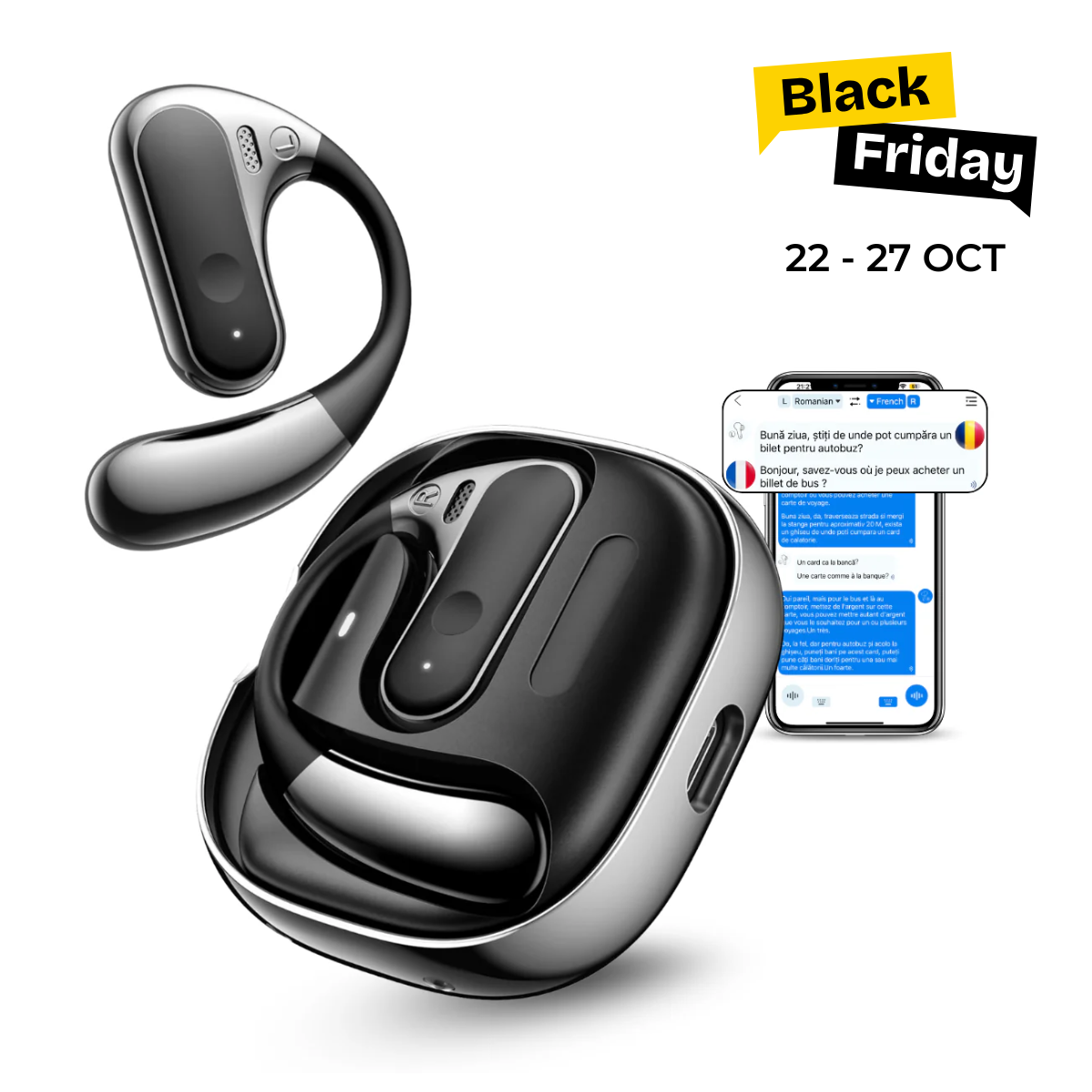 Casti cu Traducator pentru Conversatii in timp real, Constructie Metal, Open-Ear, 144 Limbi, Traducere Foto, Bluetooth 5.4, Control tactil, Carcasa de incarcare, S10, easyCTRL®