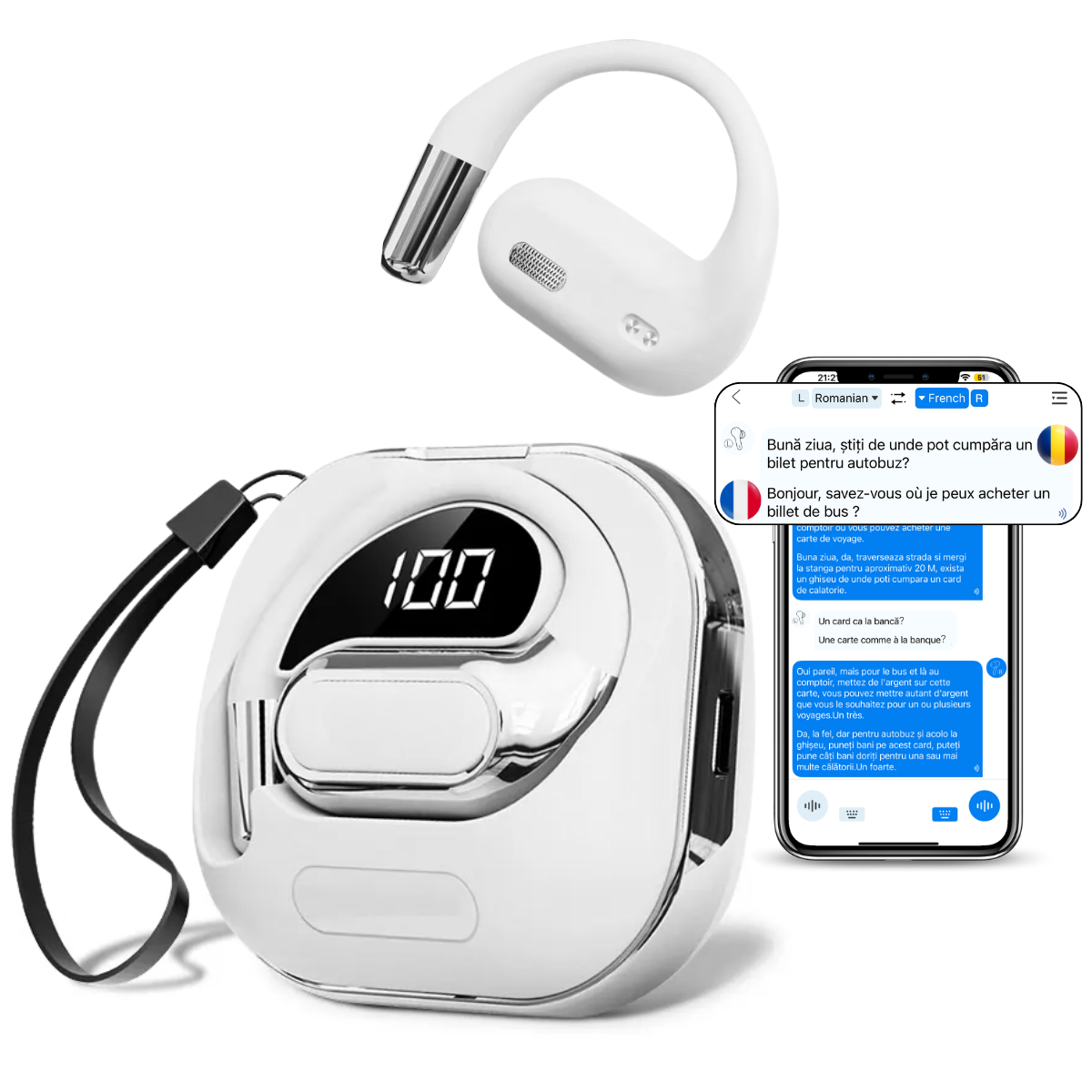 Fejhallgató fordítóval valós idejű beszélgetésekhez, nyitott fül, 144 nyelv, fényképfordítás, Bluetooth 5.4, érintésvezérlés, töltőtok, V80, fehér, easyCTRL®