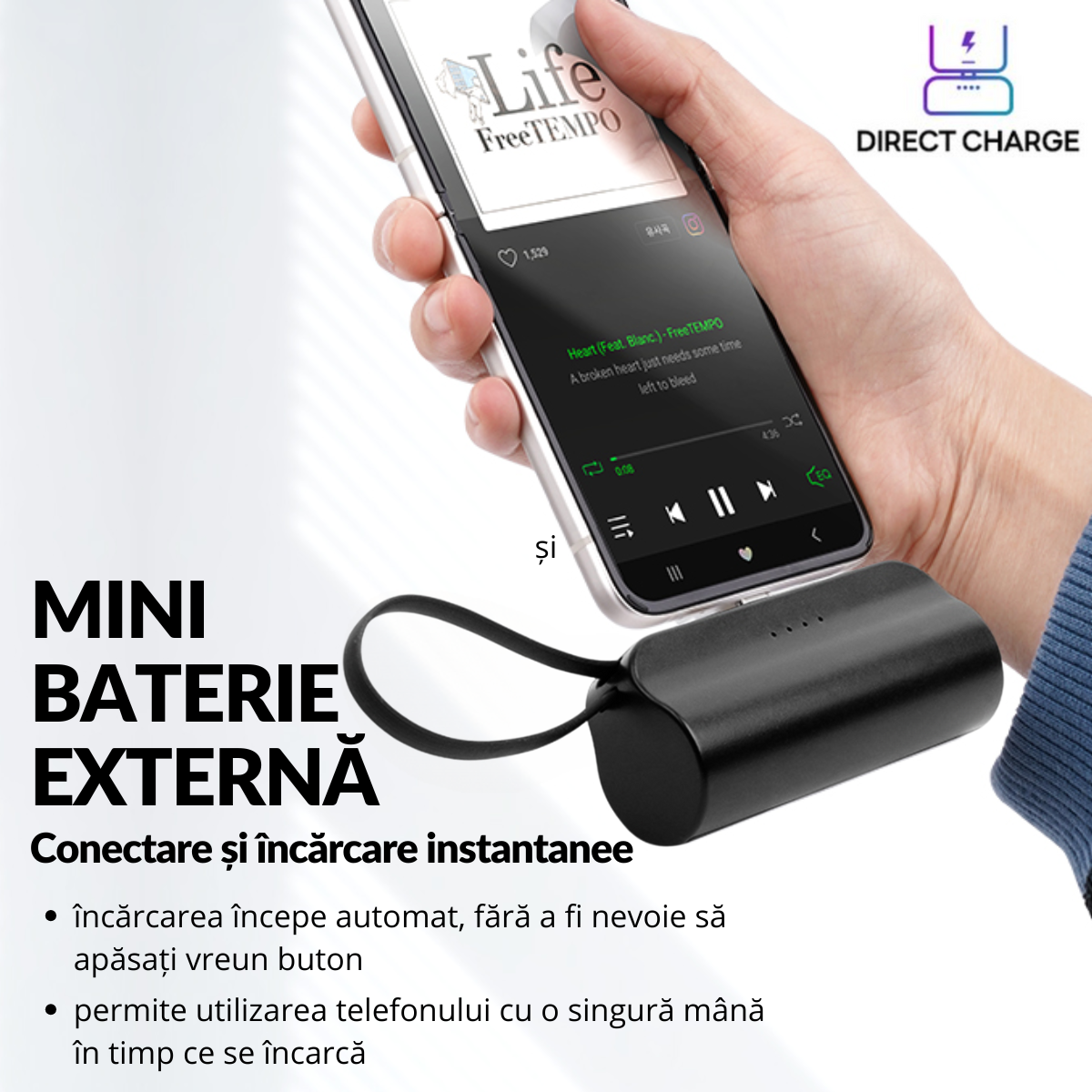 Mini Baterie Externa Portabila 2 in 1, 5000mAh, Conector USB-C si Cablu Lightning, Universala, Suport pliabil, V10, Negru, easyCTRL®