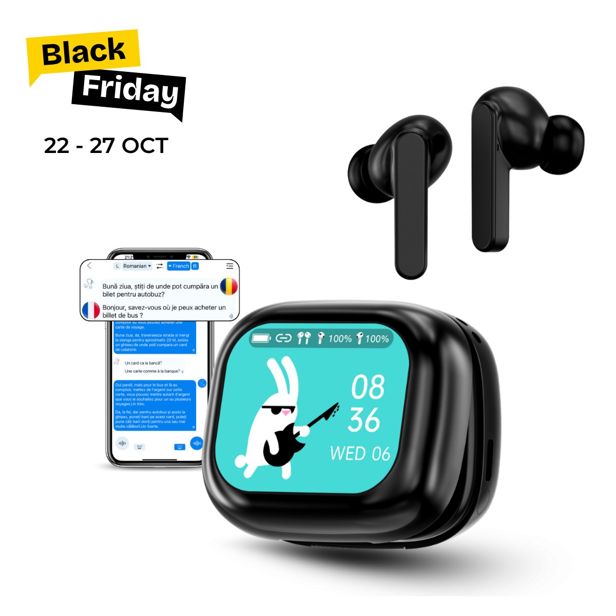 Casti cu Traducator pentru Conversatii in timp real, 144 Limbi, Traducere Foto, Carcasa incarcare cu Touch Screen, Bluetooth 5.4, Control tactil, T7, Negru, easyCTRL®