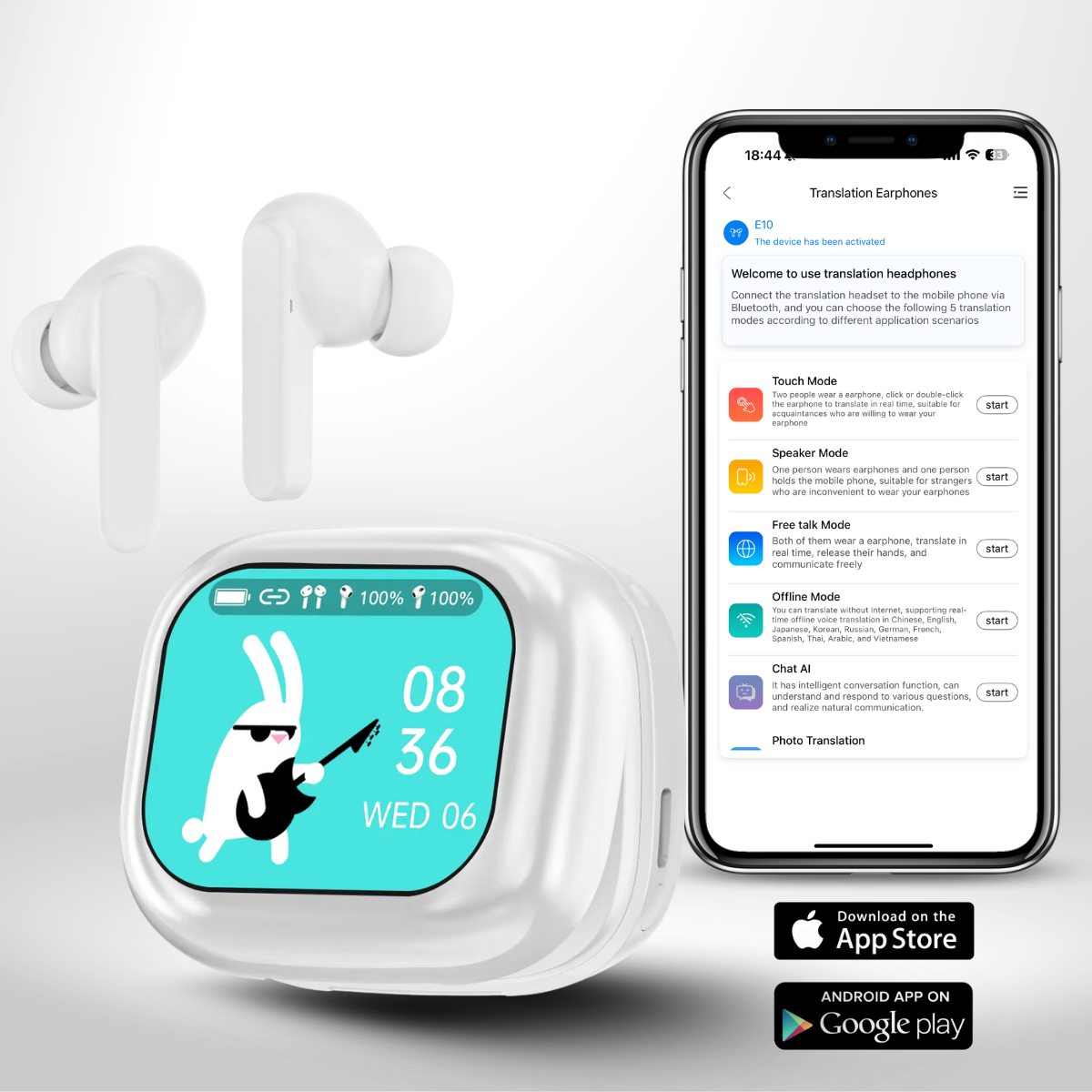 Casti cu Traducator pentru Conversatii in timp real, 144 Limbi, Traducere Foto, Carcasa incarcare cu Touch Screen, Bluetooth 5.4, Control tactil, T7, Alb, easyCTRL®