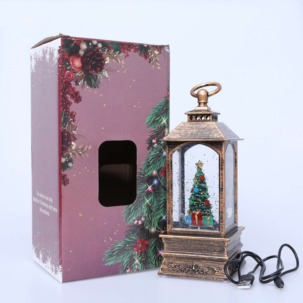 Felinar Decorativ Muzical, Brad de Craciun, Iluminare LED calda, Zapada in Miscare, Alimentare USB/Baterii