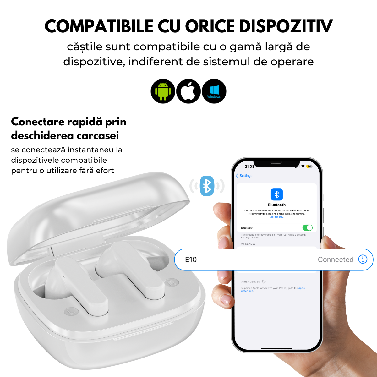 Casti cu Traducator pentru Conversatii in timp real, 144 Limbi, Traducere Foto, Carcasa incarcare cu Touch Screen, Bluetooth 5.4, Control tactil, T7, Alb, easyCTRL®