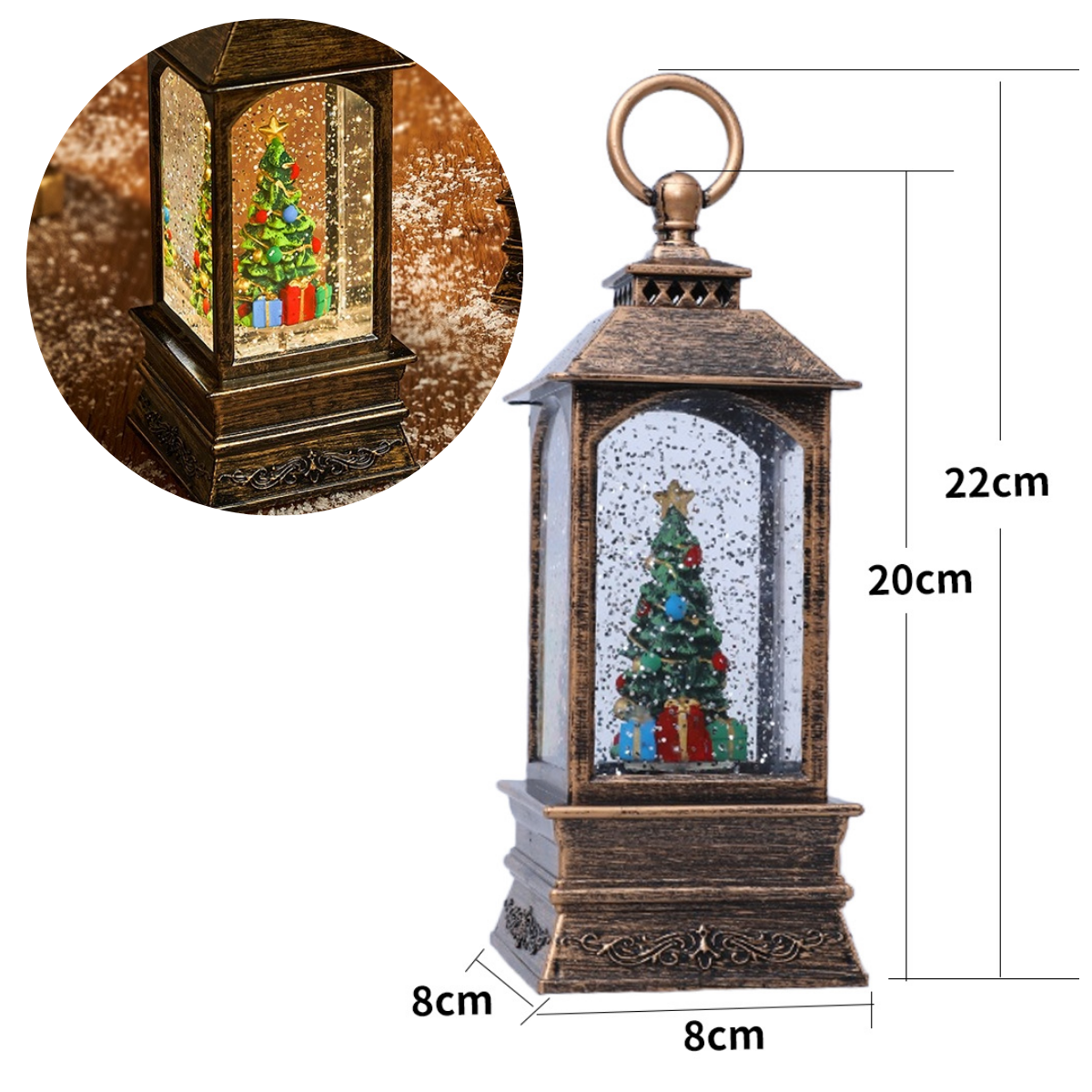 Felinar Decorativ Muzical, Brad de Craciun, Iluminare LED calda, Zapada in Miscare, Alimentare USB/Baterii