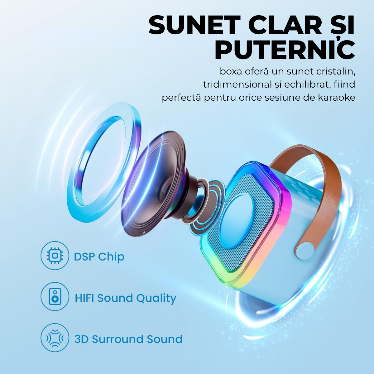 Set Karaoke cu Boxa Bluetooth si 2 Microfoane Wireless, Lumini LED RGB Dinamice, Incarcare Type-C, Port AUX, Slot Card TF, Bleu, easyCTRL®