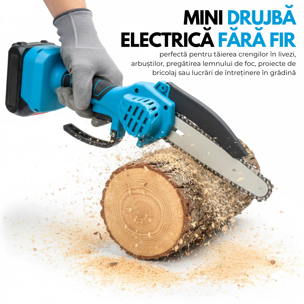 Mini Drujba Electrica Portabila, Fierastrau, 2 Acumulatori, 2 Lanturi, Buton de siguranta, Aparatoare mobila