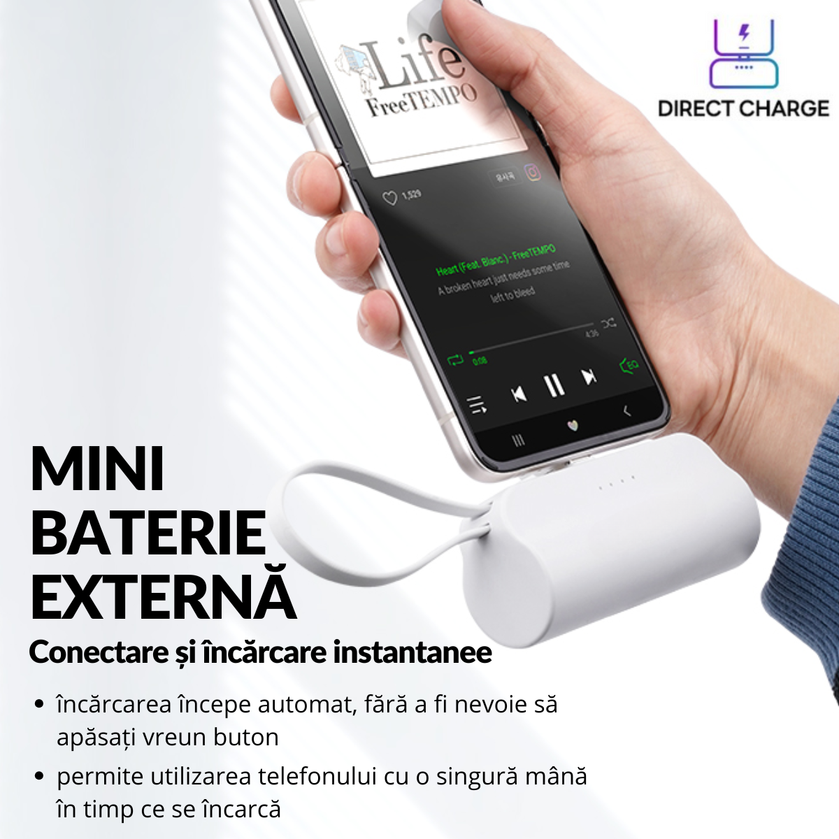 Mini Baterie Externa Portabila 2 in 1, 5000mAh, Conector USB-C si Cablu Lightning, Universala, Suport pliabil, V10, Alb, easyCTRL®
