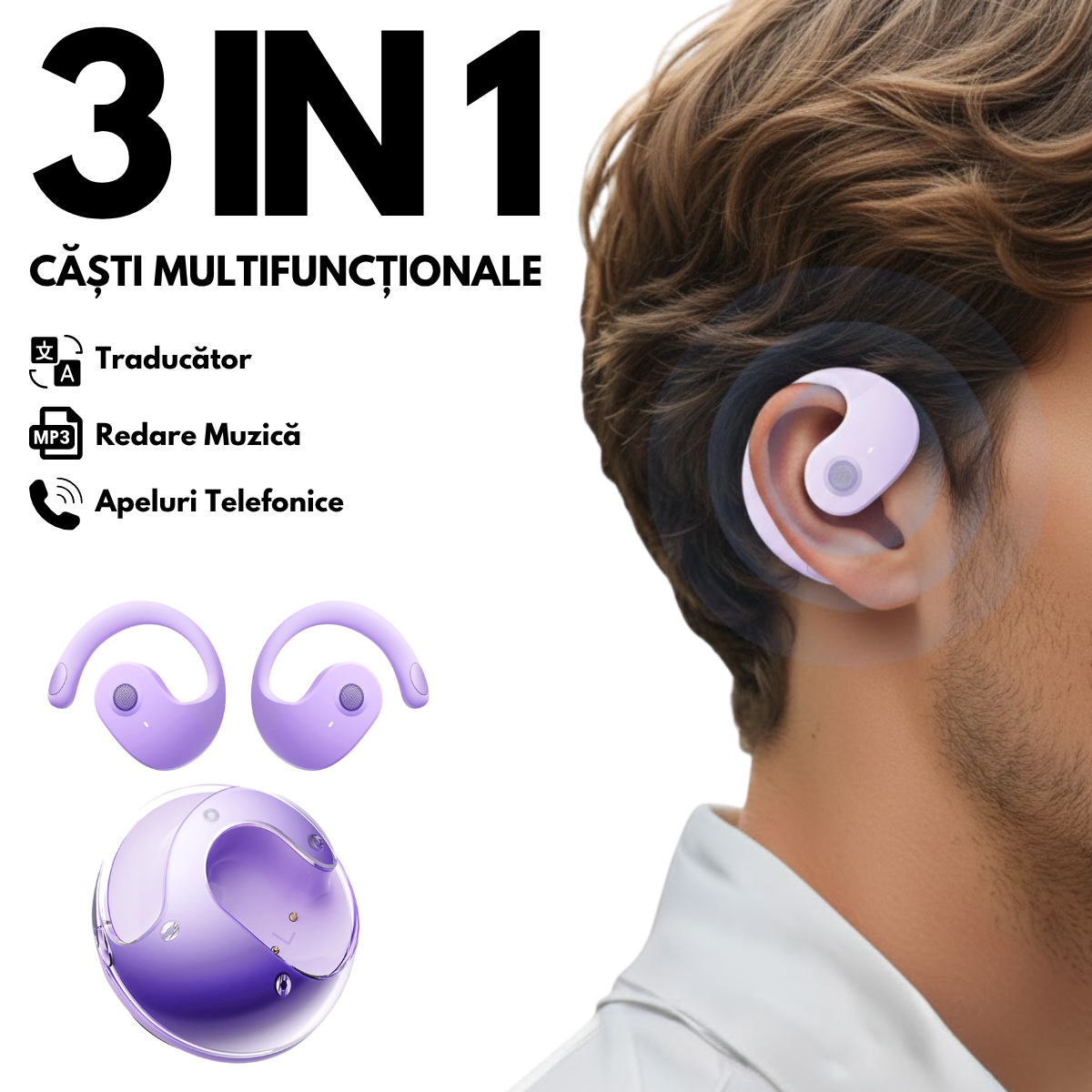 Casti cu Traducator pentru Conversatii in timp real, Open-Ear, 139 Limbi, Bluetooth 5.4, Control tactil, Carcasa de incarcare, T2, Mov, easyCTRL®