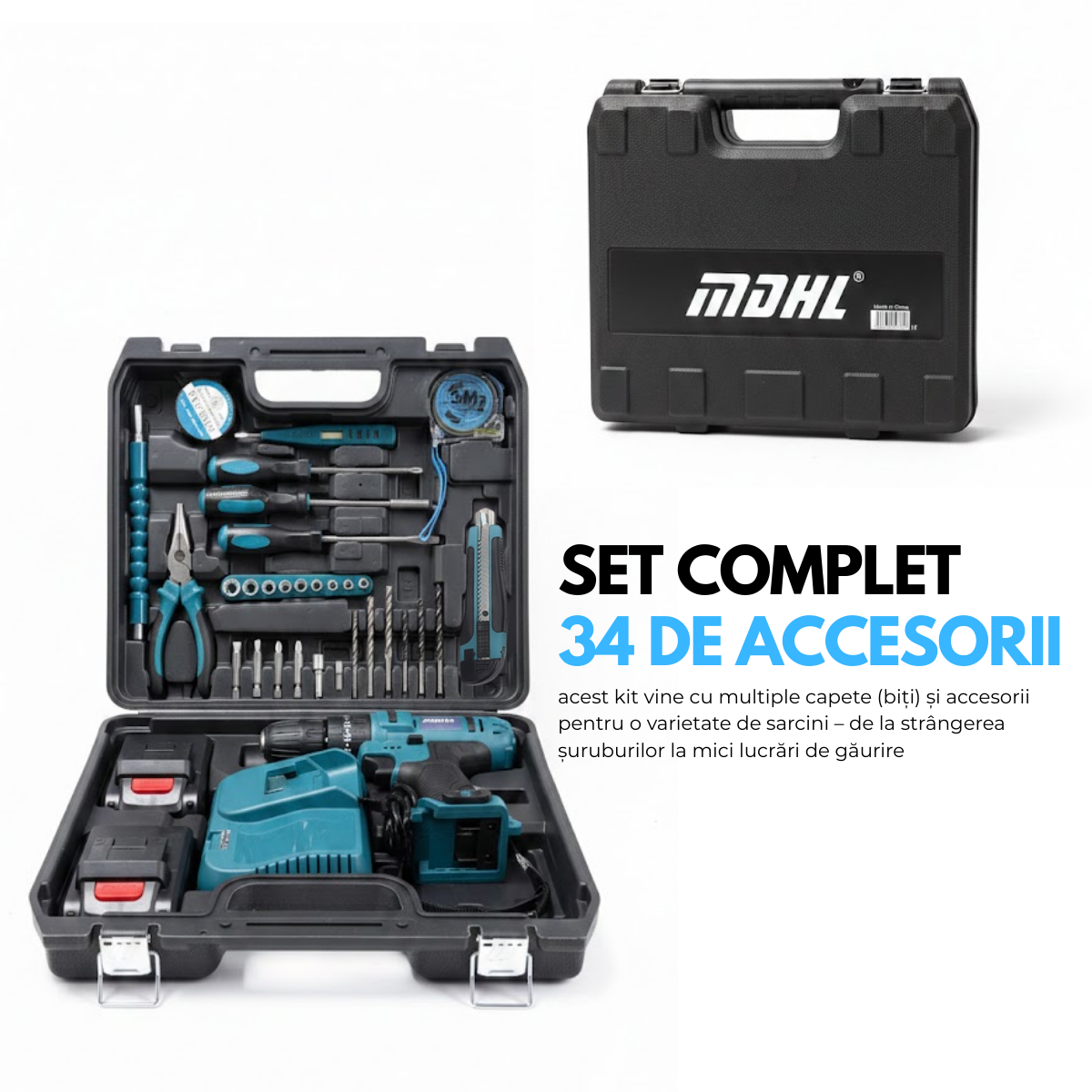 Masina de gaurit si insurubat, Bormasina cu percutie, Cutie cu 33 accesorii, 2 Acumulatori, 2 trepte 350/1150 RPM, Cuplu 25 Nm, Mandrina 10mm