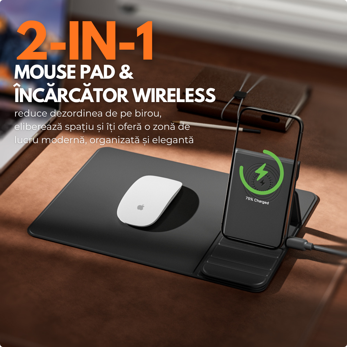 Mousepad cu Incarcator Wireless Pliabil, 2 in 1, 15W, Magsafe, Compatibil iPhone, Samsung, Huawei, Xiaomi, USB-C, Negru