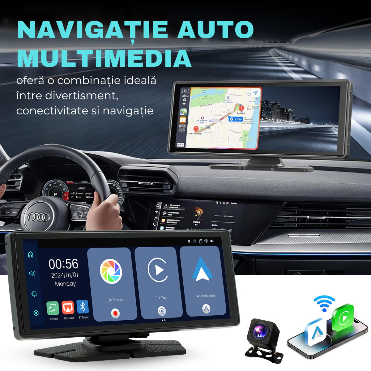 Autós navigáció Android / Apple CarPlay, Multimédia, Univerzális, Állítható elülső kamera 4K, Érintőképernyő 10,26", tolatókamera, Mirrorcast, BT, FM, AUX, Osztott képernyő, easyCTRL®