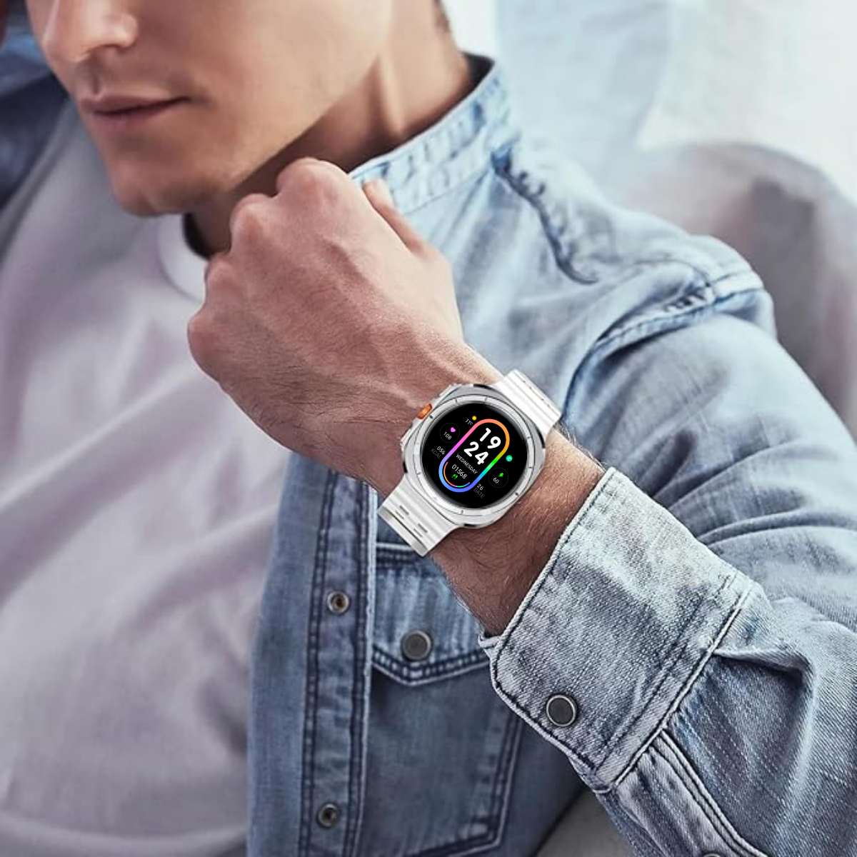 Ceas smartwatch de barbati, Ecran Tactil LCD 1.52", Apel Bluetooth, Multi Sport, Monitorizare Sanatate, Alb, easyCTRL®