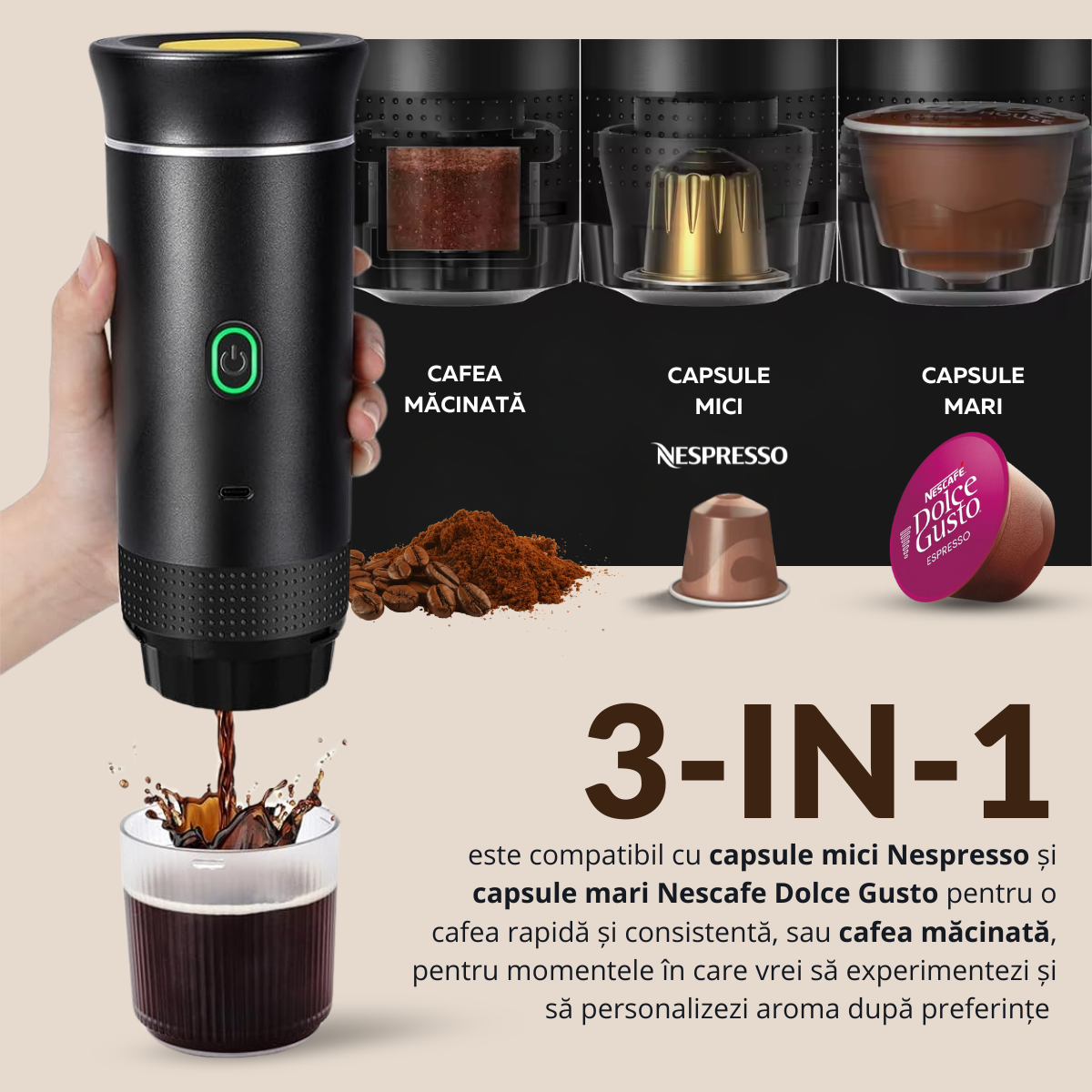 Espressor Portabil 3 in 1, Capsule Nespresso, Nescafe Dolce Gusto, Cafea macinata, 20 bar, 72W, Baterie 7500mAh,  easyCTRL®