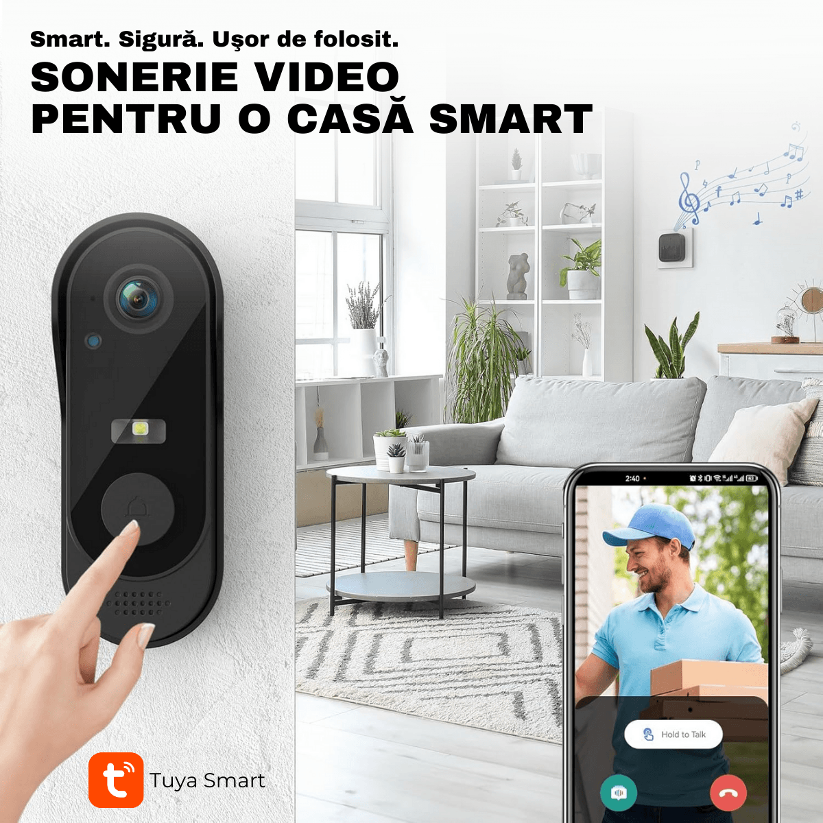 Intelligens video csengő, vezeték nélküli, IP65, kétirányú kommunikáció, távirányító a Tuya Smart APP segítségével, beltéri csengő, 125°, éjszakai látás, easyCTRL®