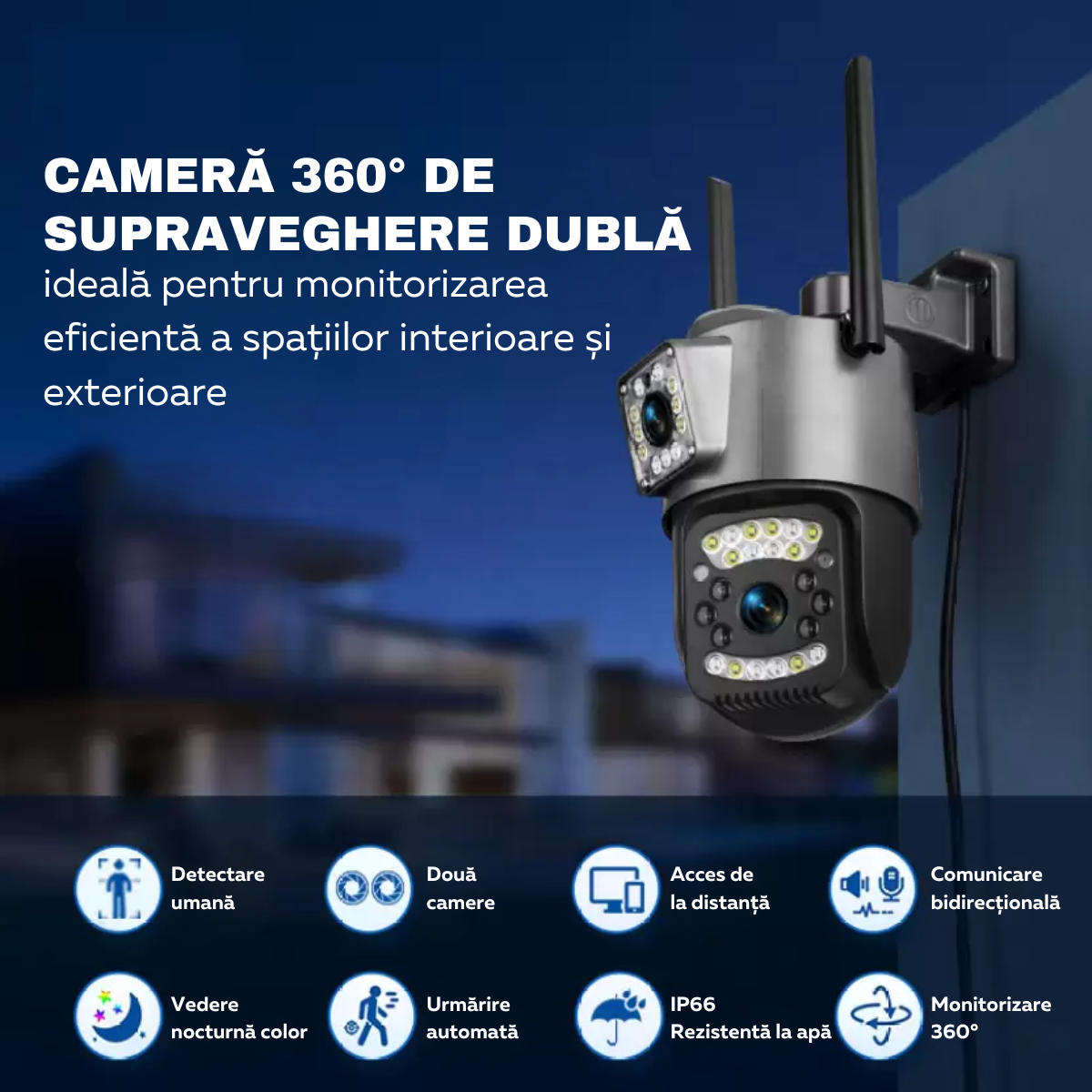 Camera Supraveghere Video 360°, Dubla, Wi-Fi, 2K, 4MP, Exterior/Interior, Control PTZ, Vedere Nocturna Color si Infrarosu, Rezistenta la Apa IP66, Alarma Sonora si Luminoasa, Comunicare Bidirectionala, Senzor Miscare, Stocare Card/Cloud, easyCTRL®