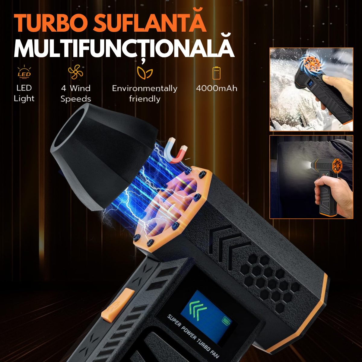 Suflanta Aer Turbo Multifunctionala, Portabila, Acumulator Reincarcabil 4000mAh, Viteza de Rotatie 130000 rpm, Negru-Portocaliu