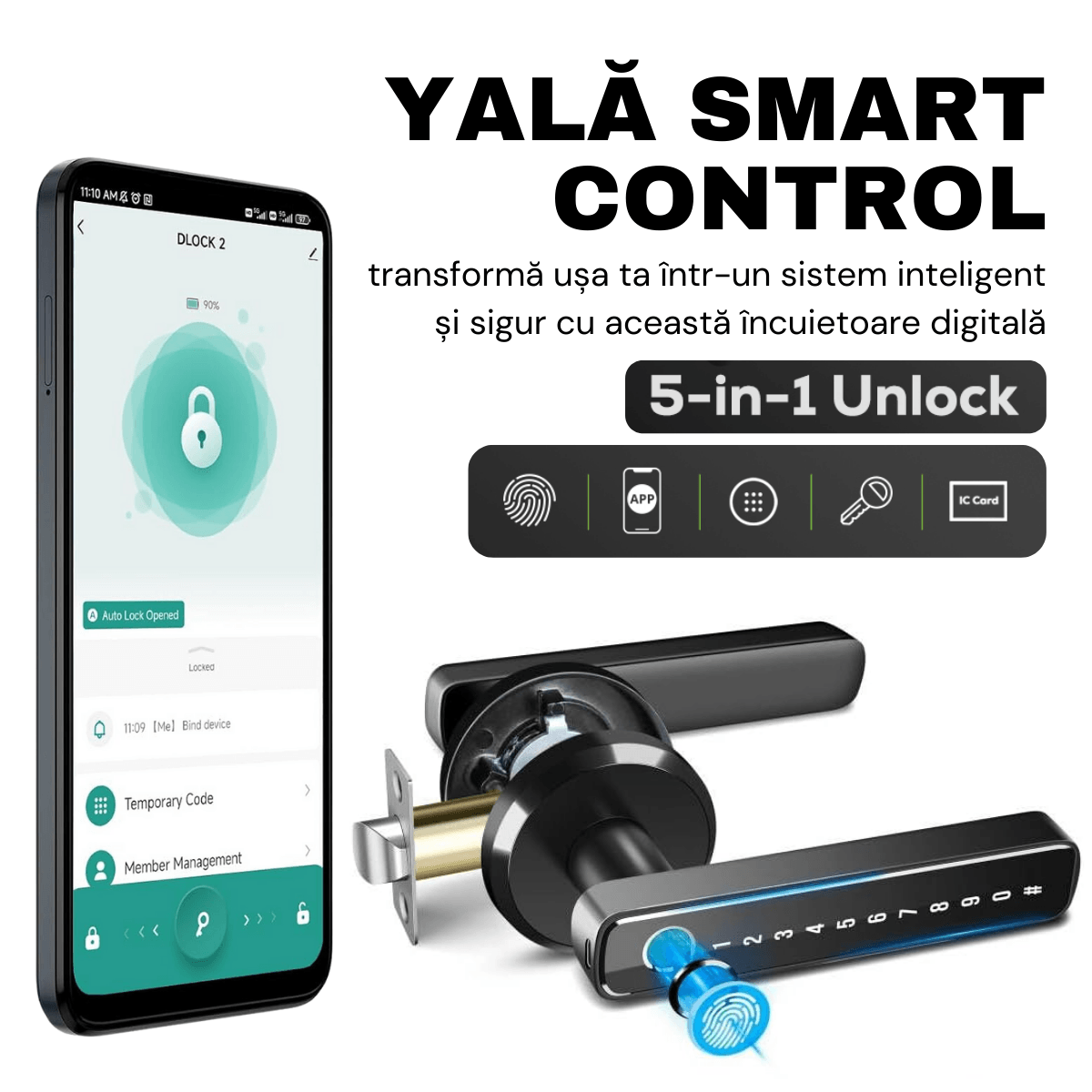Yala Smart Lock, Tuya App Access, Ujjlenyomat, Kártya, Ideiglenes és állandó jelszavak, Kulcs, easyCTRL®