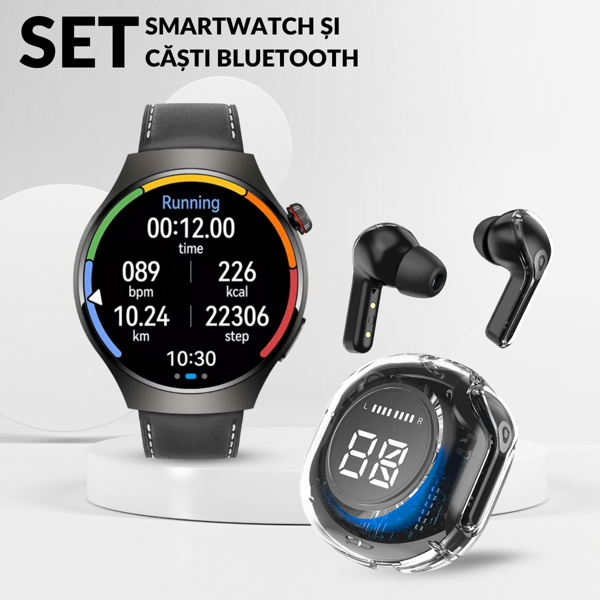 Set Smartwatch Barbati + Casti Wireless, Ecran LCD 1.52", Control Tactil, Apel Bluetooth, Multi Sport, Monitorizare Sanatate, Negru, easyCTRL®