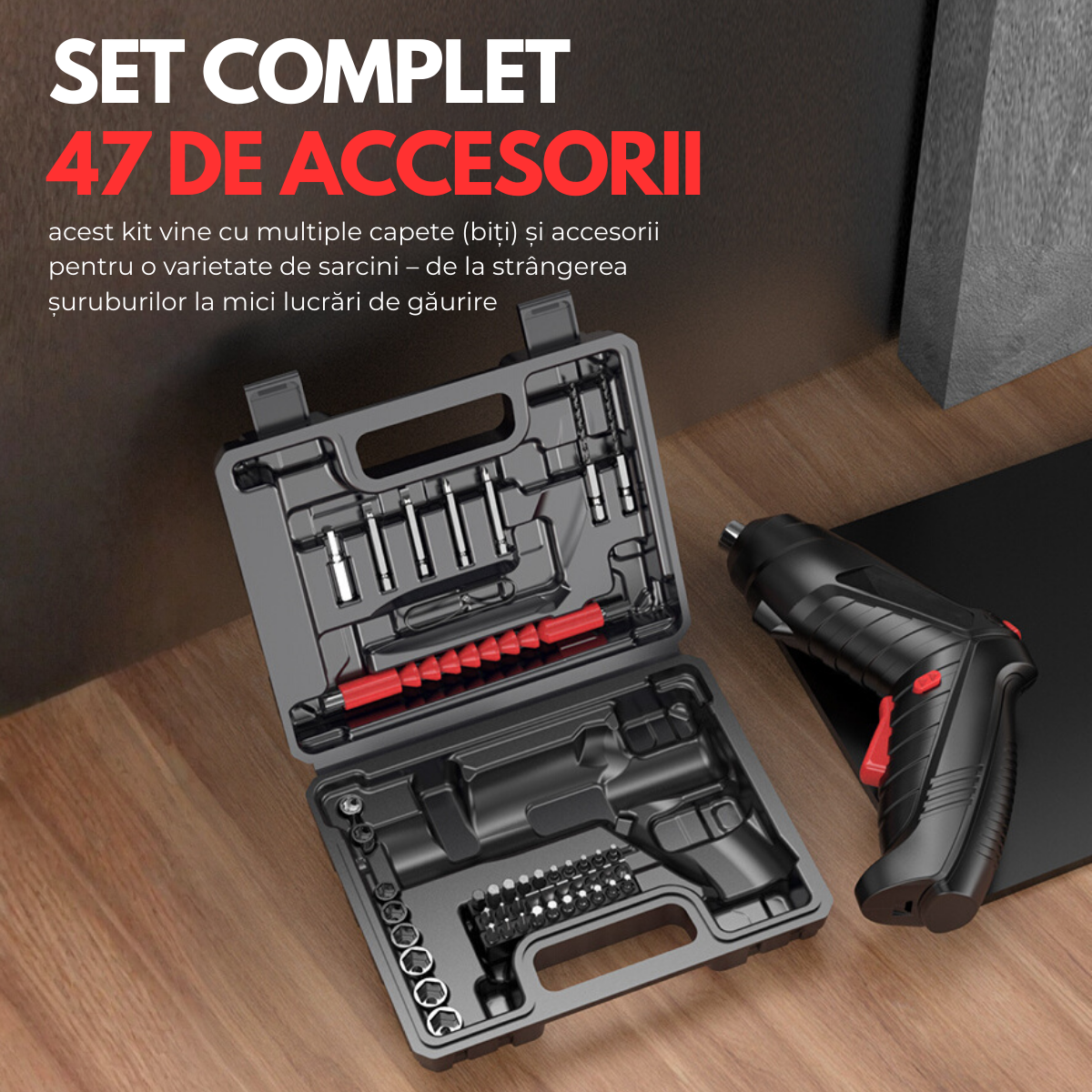 Surubelnita Electrica fara fir, Cutie cu 47 accesorii, Acumulator 3.6V 1800mAh, 250 RPM, Cuplu 3 Nm, Iluminare LED