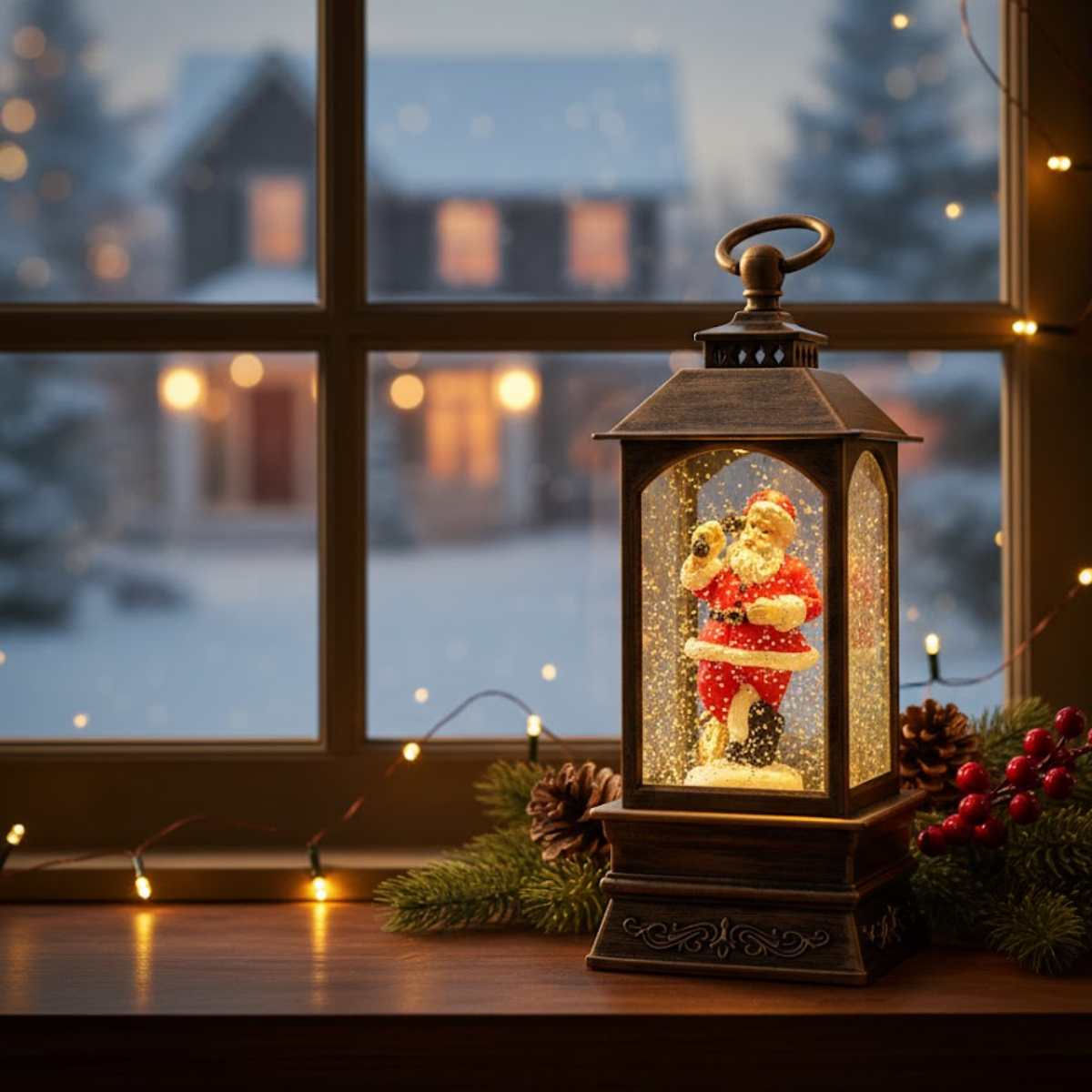 Felinar Decorativ Muzical, Mos Craciun, Iluminare LED calda, Zapada in Miscare, Alimentare USB sau Baterii