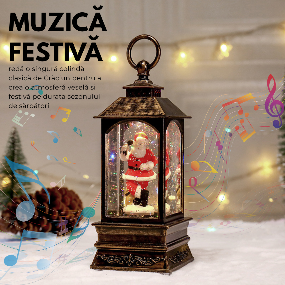 Felinar Decorativ Muzical, Mos Craciun, Iluminare LED calda, Zapada in Miscare, Alimentare USB sau Baterii