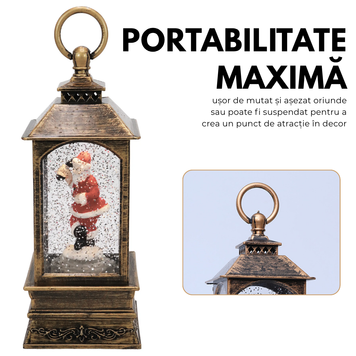 Felinar Decorativ Muzical, Mos Craciun, Iluminare LED calda, Zapada in Miscare, Alimentare USB sau Baterii