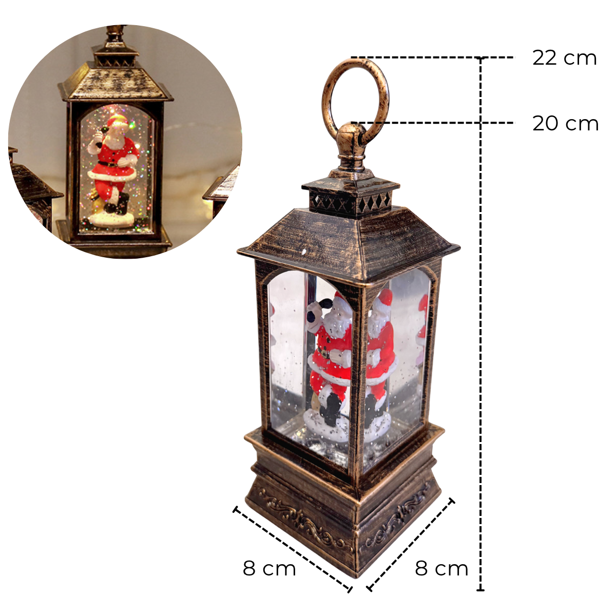 Felinar Decorativ Muzical, Mos Craciun, Iluminare LED calda, Zapada in Miscare, Alimentare USB sau Baterii