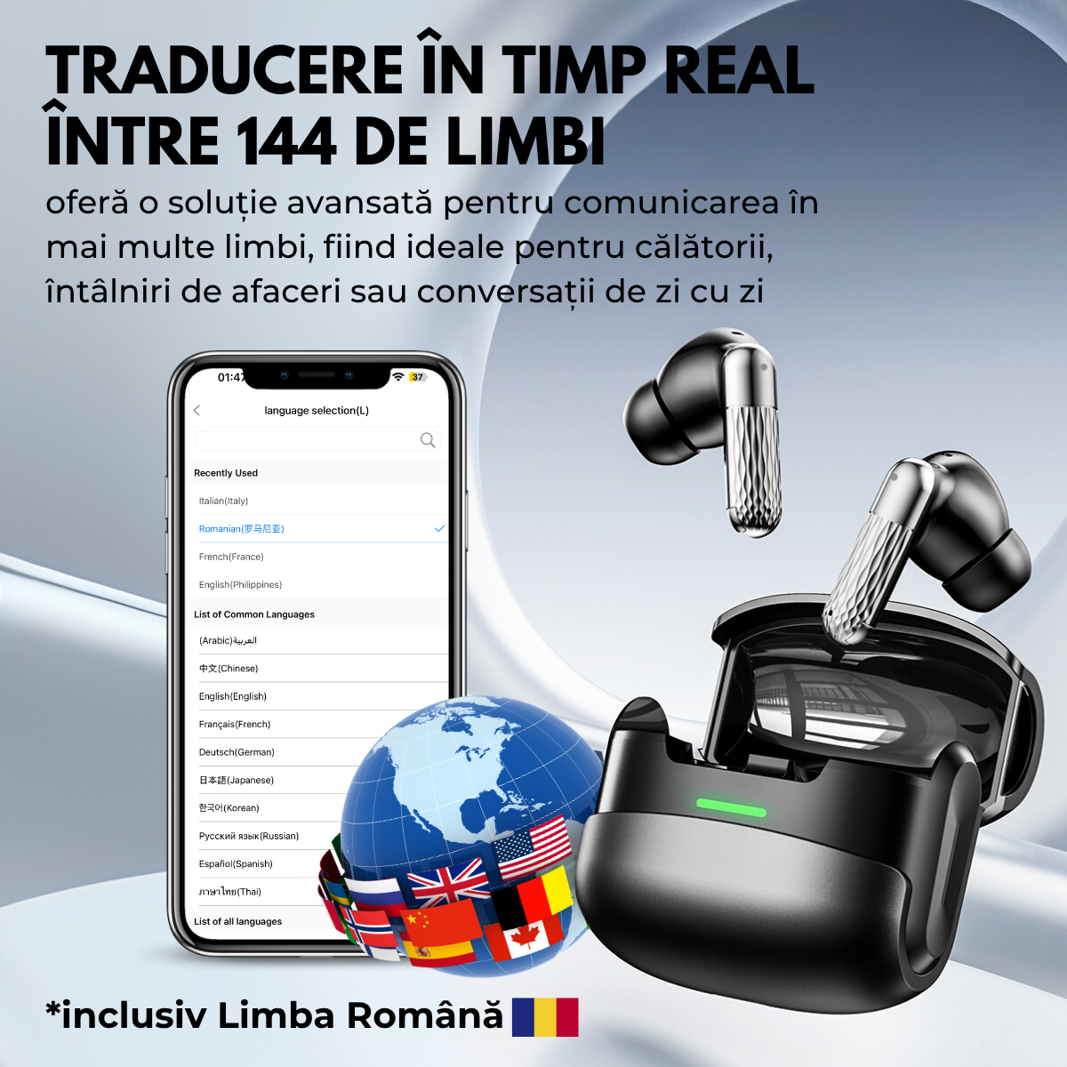 Casti cu Traducator pentru Conversatii in timp real, 144 Limbi, Metal, Traducere Foto, Bluetooth 5.4, Control tactil, Carcasa de incarcare, K505, easyCTRL®