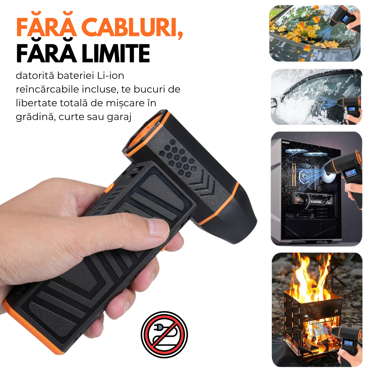 Suflanta Aer Turbo Multifunctionala, Portabila, Acumulator Reincarcabil 4000mAh, Viteza de Rotatie 130000 rpm, Negru-Portocaliu