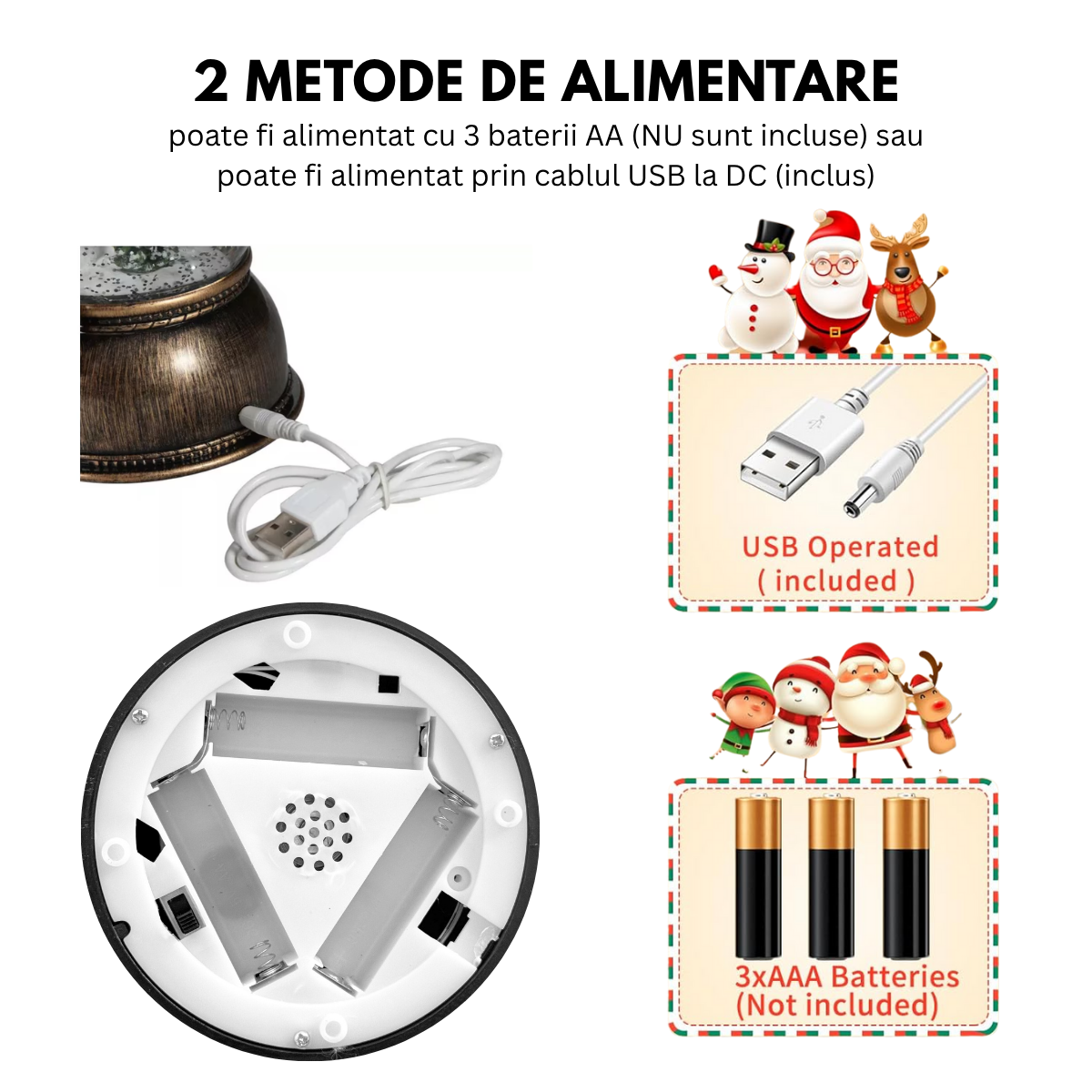 Felinar Decorativ Muzical, Mos Craciun, Glob 12cm, Iluminare LED calda, Zapada in Miscare, Alimentare USB/Baterii