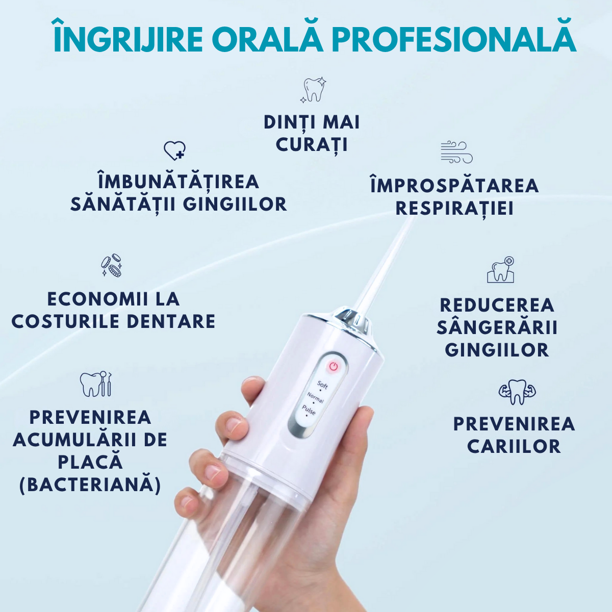 Irigator Oral Profesional, Dus Bucal Portabil, 4 Capete, 3 Moduri de Curatare, Rezervor 230ml, Alb