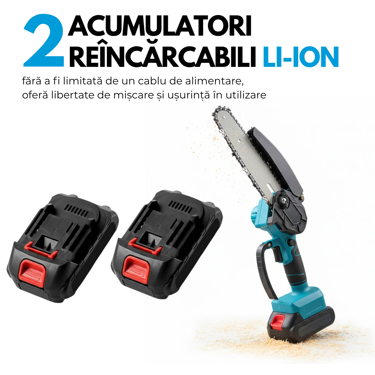 Mini Drujba Electrica Portabila, Fierastrau, 2 Acumulatori, 2 Lanturi, Buton de siguranta, Aparatoare mobila