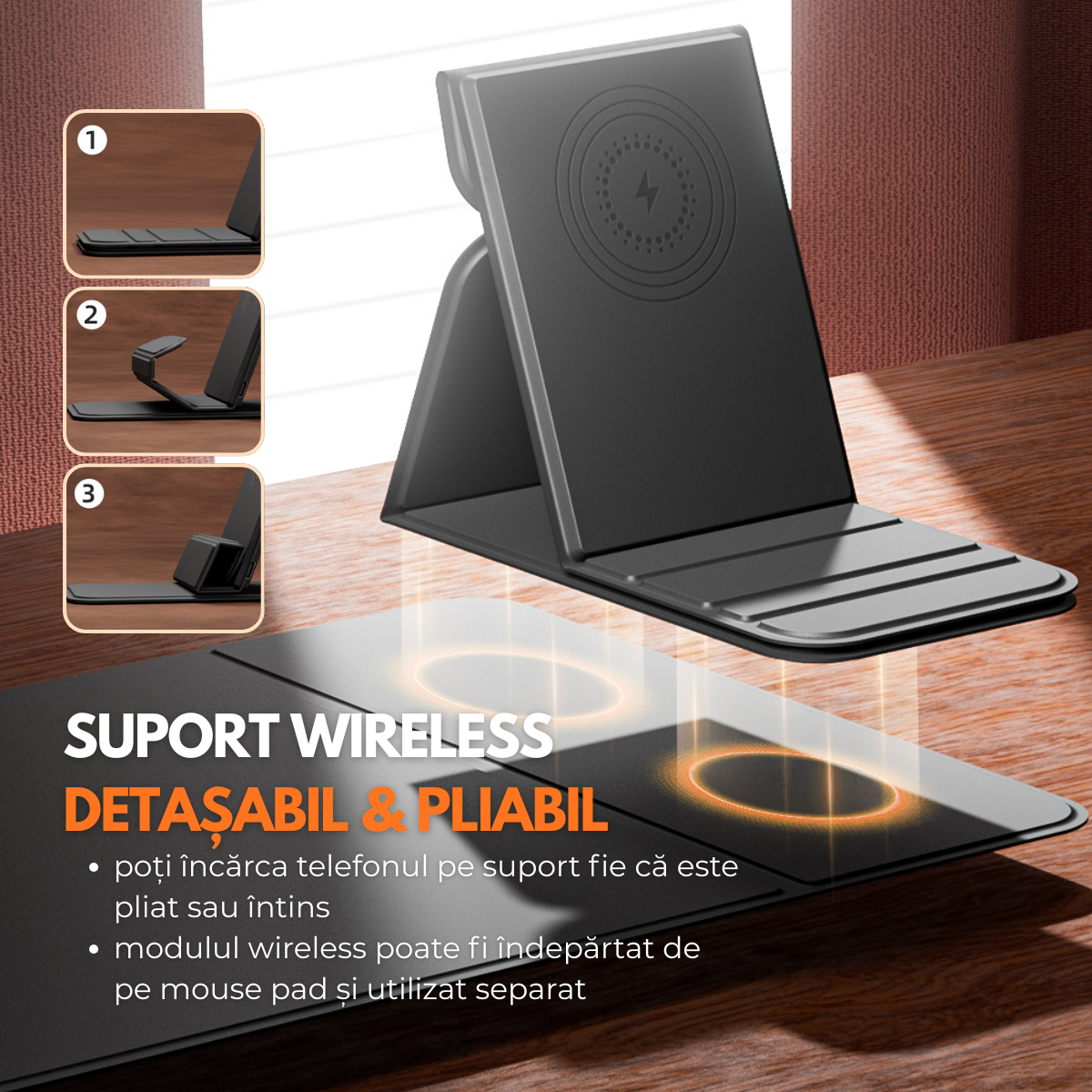Mousepad cu Incarcator Wireless Pliabil, 2 in 1, 15W, Magsafe, Compatibil iPhone, Samsung, Huawei, Xiaomi, USB-C, Negru