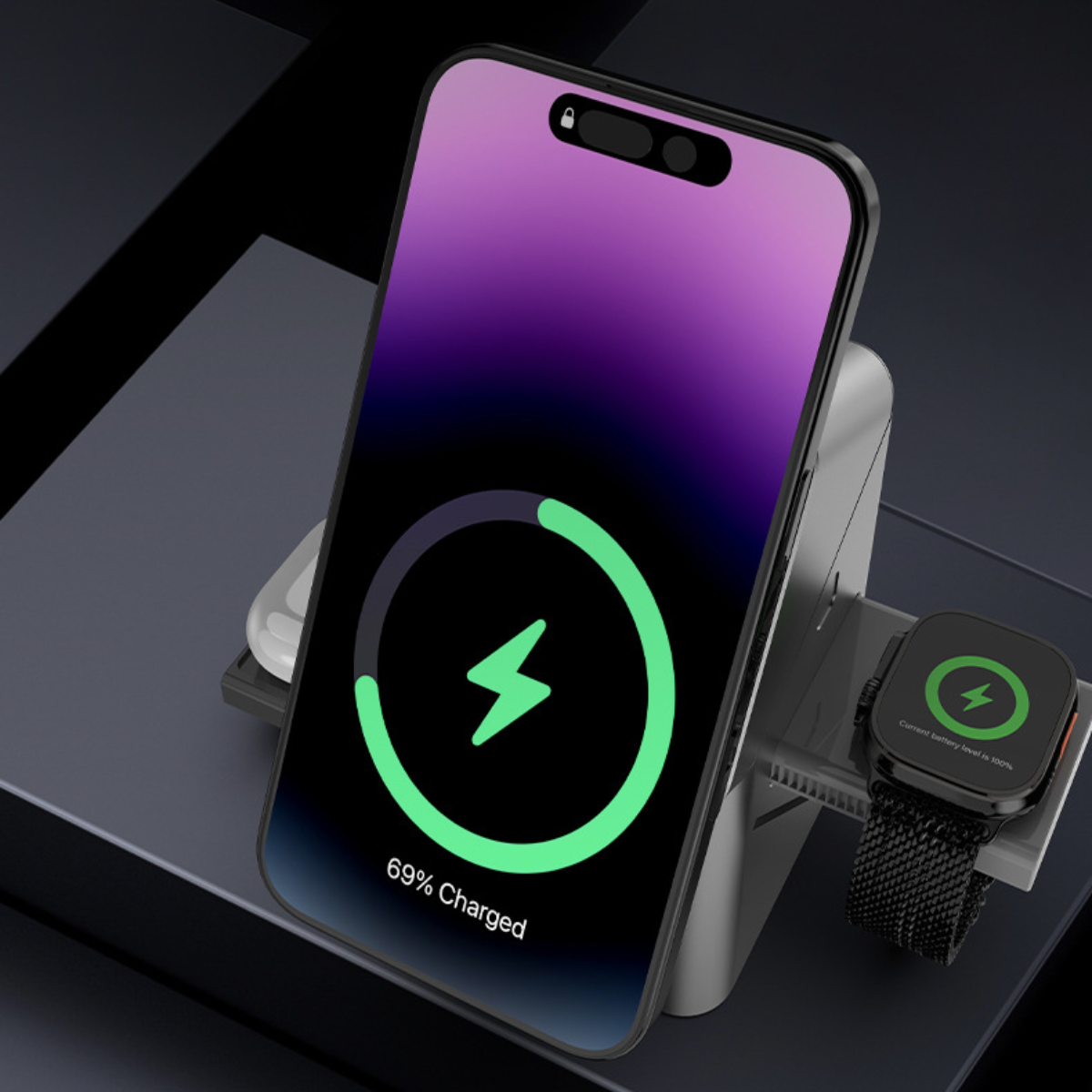 Behúzható vezeték nélküli töltő, 45°-ban elforgatható, 3 az 1-ben töltőállomás, Magsafe, kompatibilis a következőkkel: iPhone, Samsung, Huawei, Xiaomi, Apple Watch, AirPods, USB-C, mágneses, szürke, easyCTRL®
