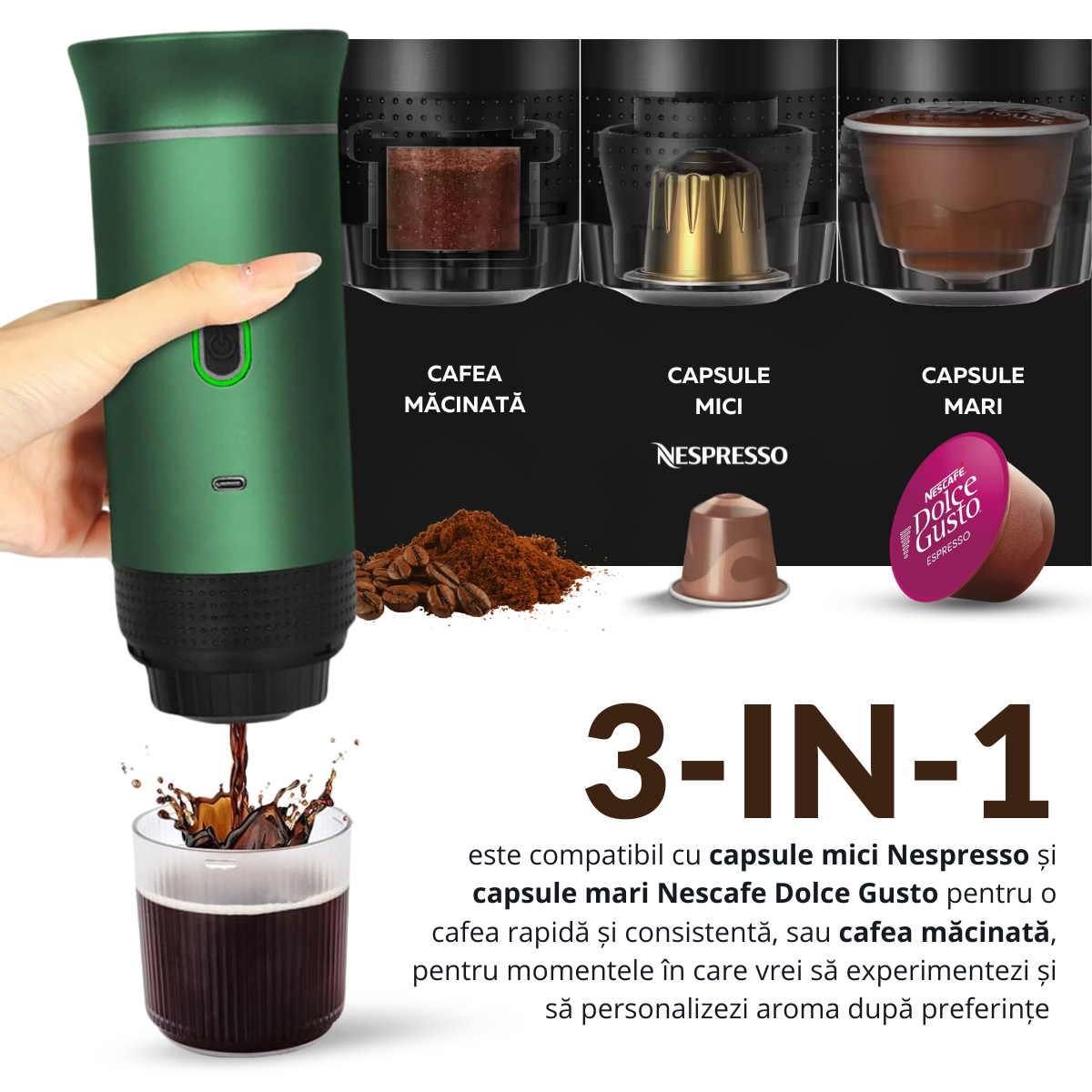 Espressor Portabil 3 in 1, Capsule Nespresso, Nescafe Dolce Gusto, Cafea macinata, 20 bar, 72W, Baterie 7500mAh, Geanta transport, Verde, easyCTRL®