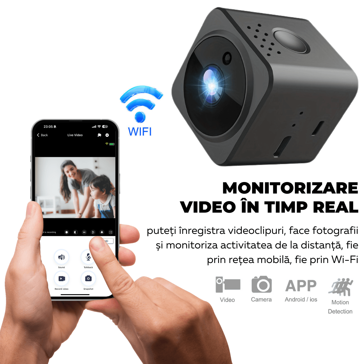 Mini Camera Ascunsa, Wi-Fi, Prindere magnetica, Suport rotativ 360°, Monitorizare video in timp real, Night Vision, Detectare miscare, AS02, easyCTRL®