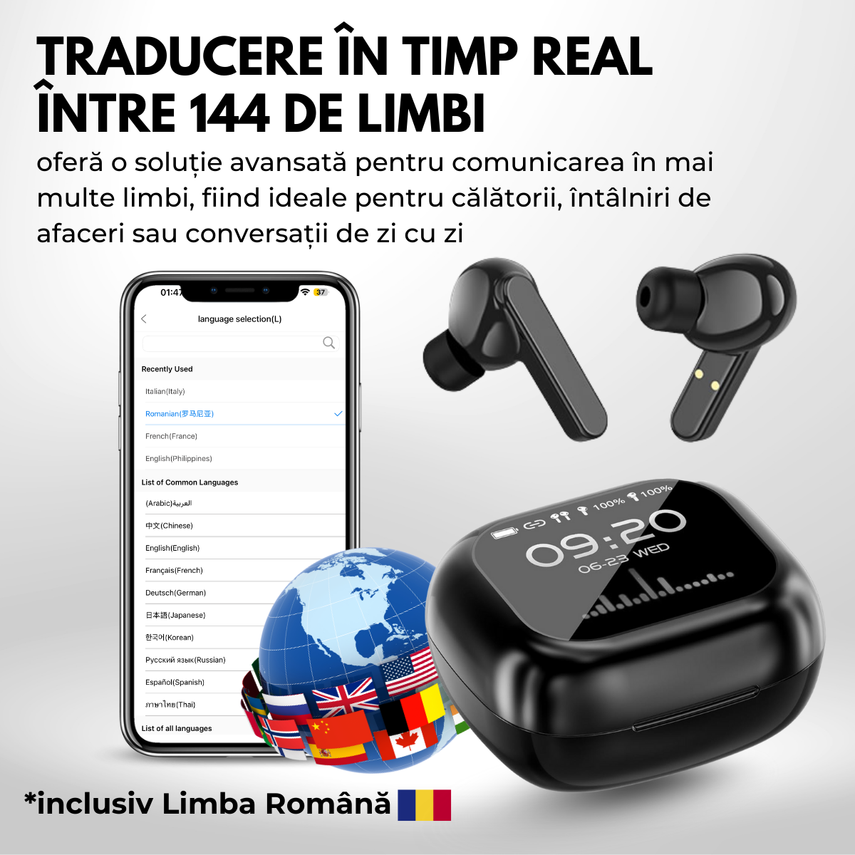 Casti cu Traducator pentru Conversatii in timp real, 144 Limbi, Traducere Foto, Carcasa incarcare cu Touch Screen, Bluetooth 5.4, Control tactil, T7, Negru, easyCTRL®