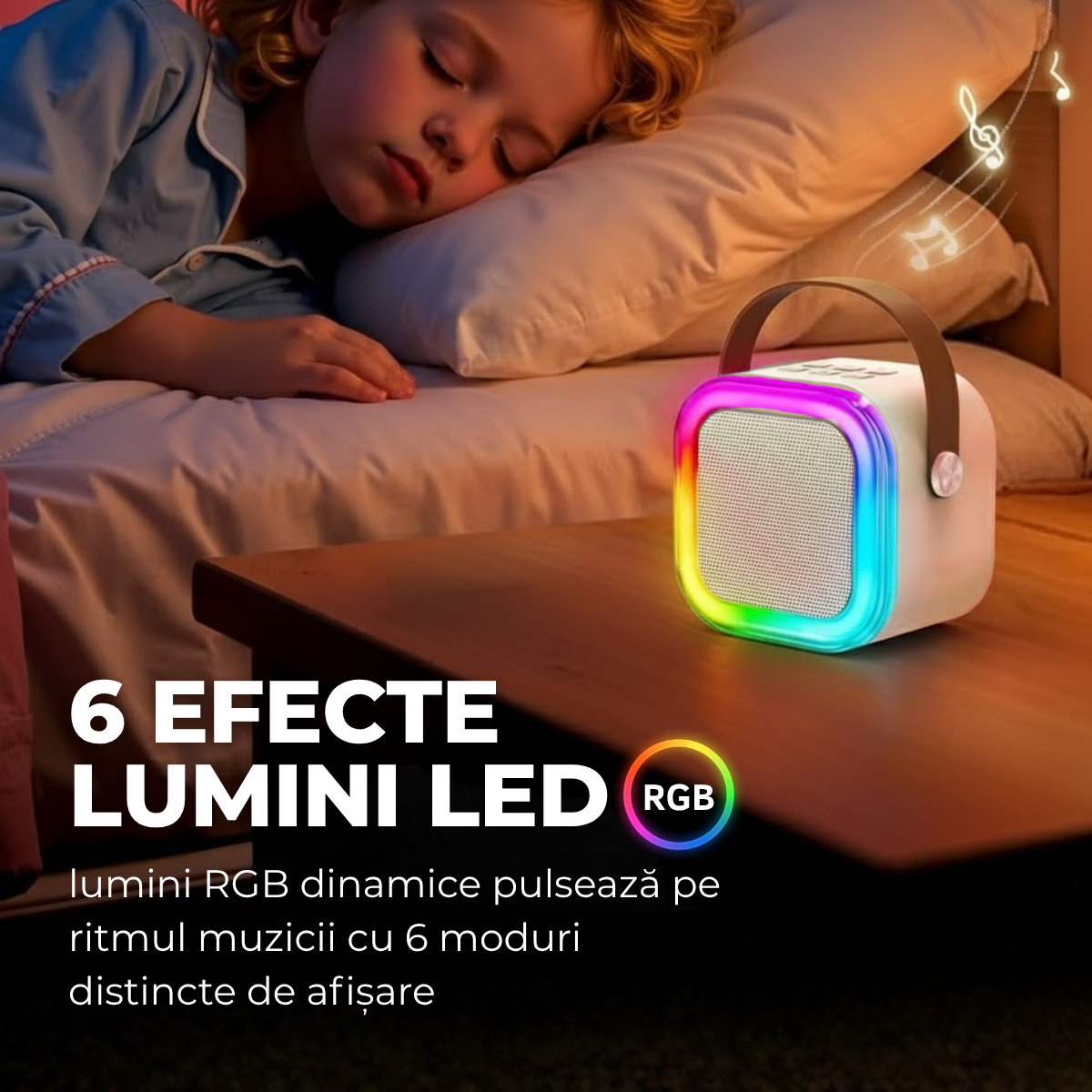 Set Karaoke cu Boxa Bluetooth si 2 Microfoane Wireless, Lumini LED RGB Dinamice, Incarcare Type-C, Port AUX, Slot Card TF, Crem, easyCTRL®