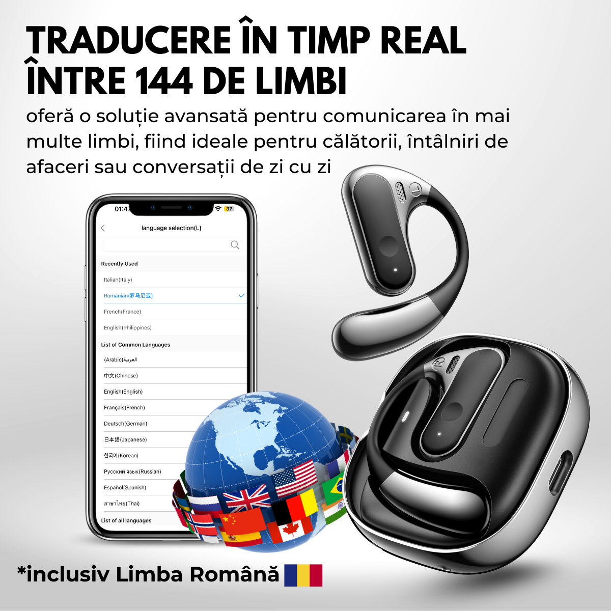 Casti cu Traducator pentru Conversatii in timp real, Constructie Metal, Open-Ear, 144 Limbi, Traducere Foto, Bluetooth 5.4, Control tactil, Carcasa de incarcare, S10, easyCTRL®
